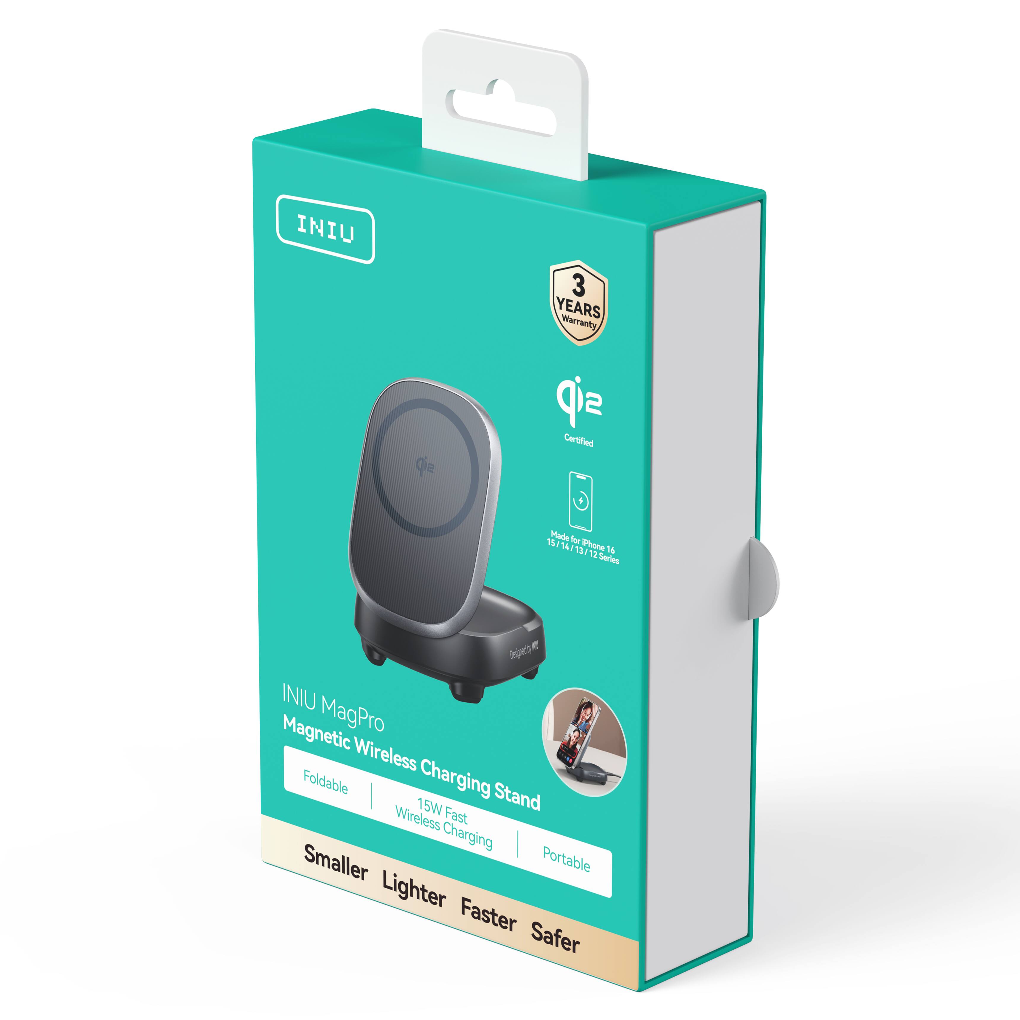 INIU 3 YEARS Warranty Certified Made for iPhone 15/14/13/12 Series gl INIU Magnetic MagPro Wireless Foldable Charging Stand 15W Fast Wireless Charging Smaller Lighter Faster Safer