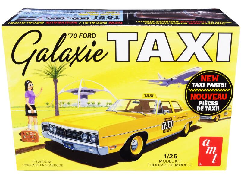 Sure, here is the corrected and grouped text from the image:

---

**Front:**

- **'70 FORD Galaxie TAXI**
- **NEW TAXI PARTS!**
- **NOUVEAU PIÈCES DE TAXI!**
- **1 PLASTIC KIT**
- **1 TROUSSE EN PLASTIQUE**
- **1/25 MODEL KIT**
- **TROUSSE DE MODÈLE**
- **a m t**

**Top Left:**

- **SEVI ATS -T / d - TAXE - R TAXE --- --- BONUSI BIDADA NOUVEAUX DE DCALQUES!**
- **NOUVEAUX - DECALSI**
- **NEW LUGGAGE!**
- **INCLUT BONUS MIN INCLUDES '70 FORD Galaxie TAXI NEW TAXI PARTS!**
- **TAXI NOUVEAU PICES DE TAXI!**
- **TAXI - AIRPORT TAXI SERVICE**

**Top Right:**

- **NEW TAXI PARTS!**
- **NOUVEAU PIÈCES DE TAXI!**

**Bottom Right:**

- **1/