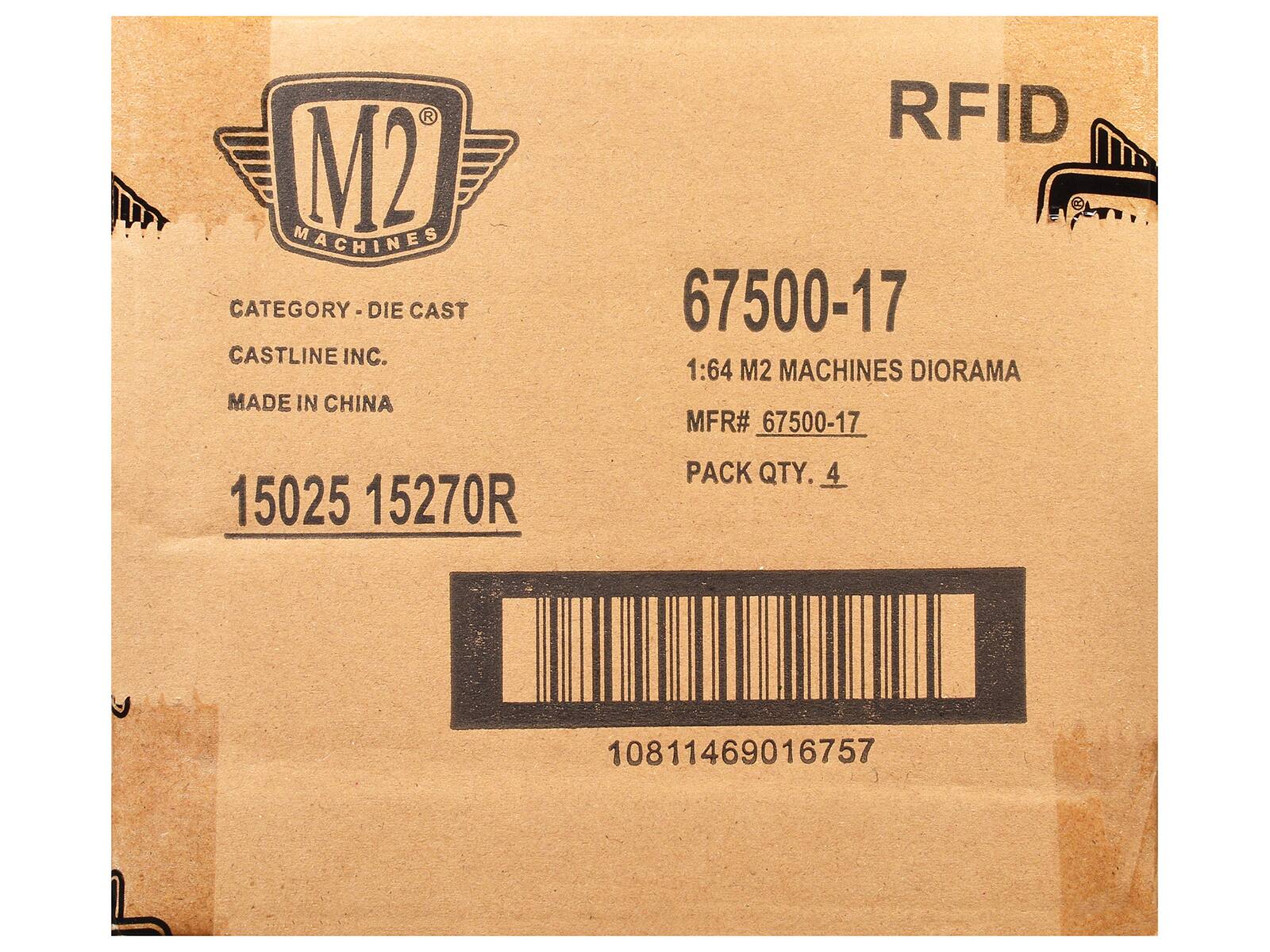 M2 MACHINES  
CATEGORY - DIE CAST  
CASTLINE INC.  
MADE IN CHINA  
RFID  

67500-17  
1:64 M2 MACHINES DIORAMA  
MFR# 67500-17  
PACK QTY. 4  

15025 15270R  
10811469016757