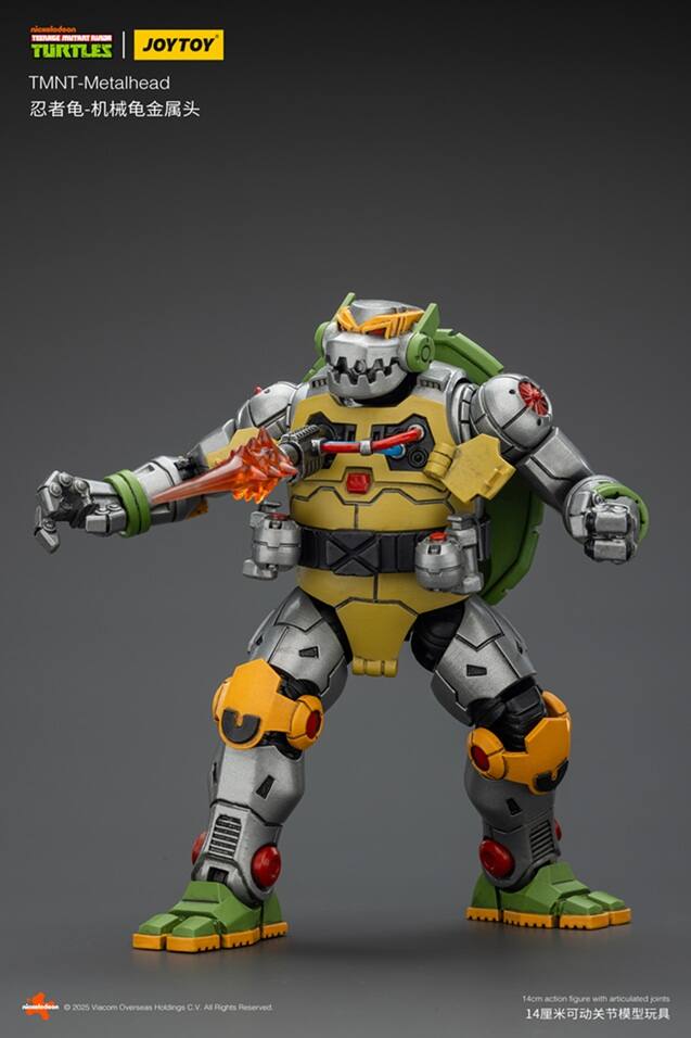 Teenage Mutant Ninja Turtles  
TMNT-Metalhead  
忍者龟-机械龟金属头  

JOYTOY  

14cm action figure with articulated joints  
14厘米可动关节模型玩具  

© 2025 Viacom Overseas Holdings C.V. All Rights Reserved.