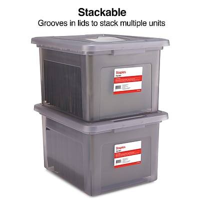 Stackable  
Grooves in lids to stack multiple units  

Staples