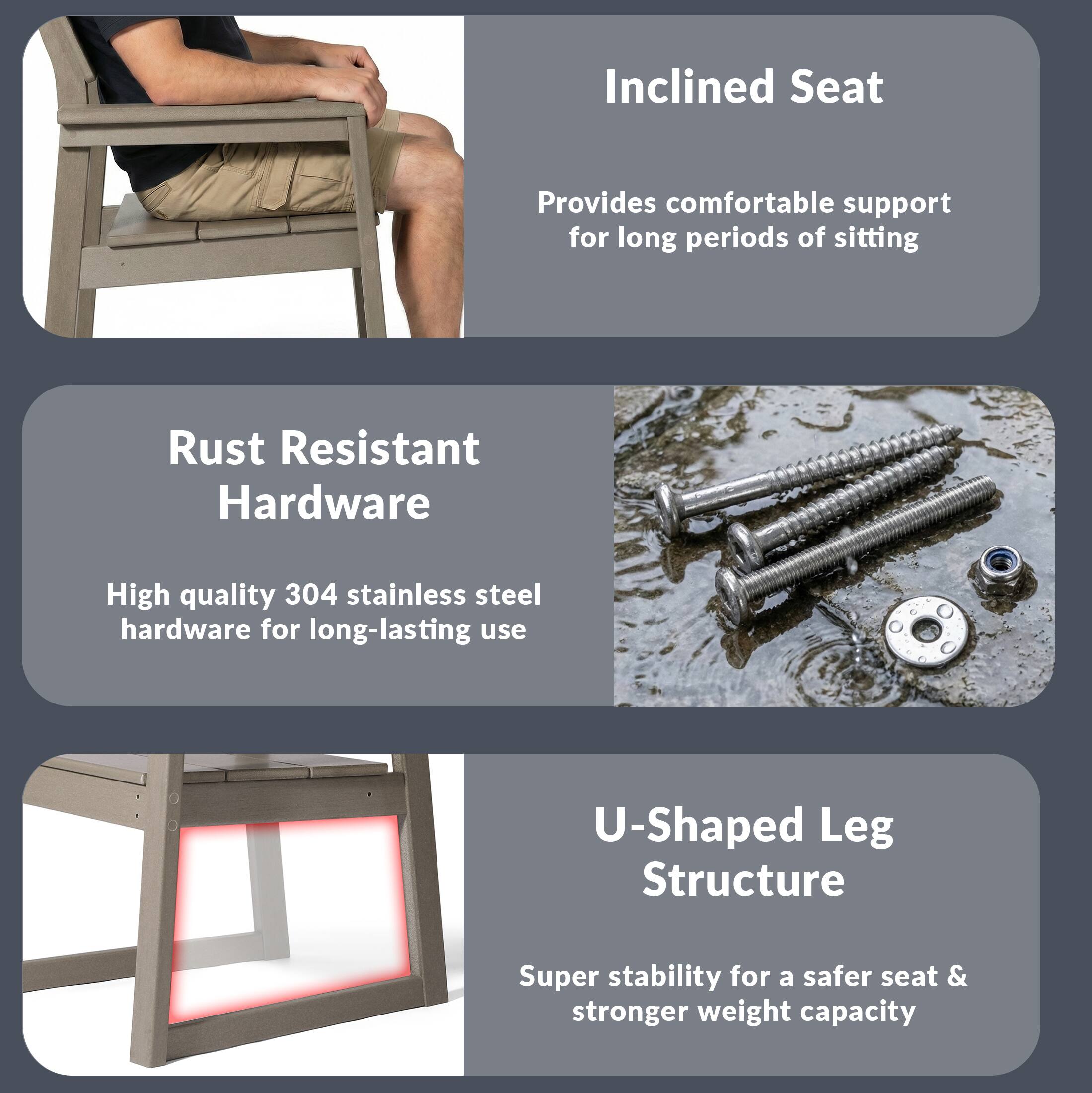 Inclined Seat  
Provides comfortable support for long periods of sitting  

Rust Resistant Hardware  
High quality 304 stainless steel hardware for long-lasting use  

U-Shaped Leg Structure  
Super stability for a safer seat & stronger weight capacity