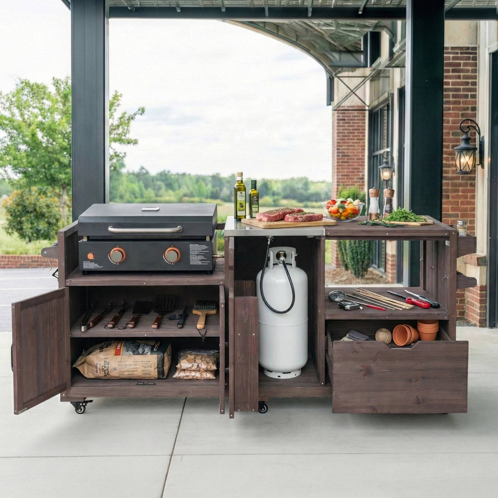 Alt View 1. Chateau Abodes - 80.5" Outdoor Kitchen Island for Big Green Egg & 21"/28" Blackstone Griddle, Solid Wood with Stainless Steel Top - Dark Brown.