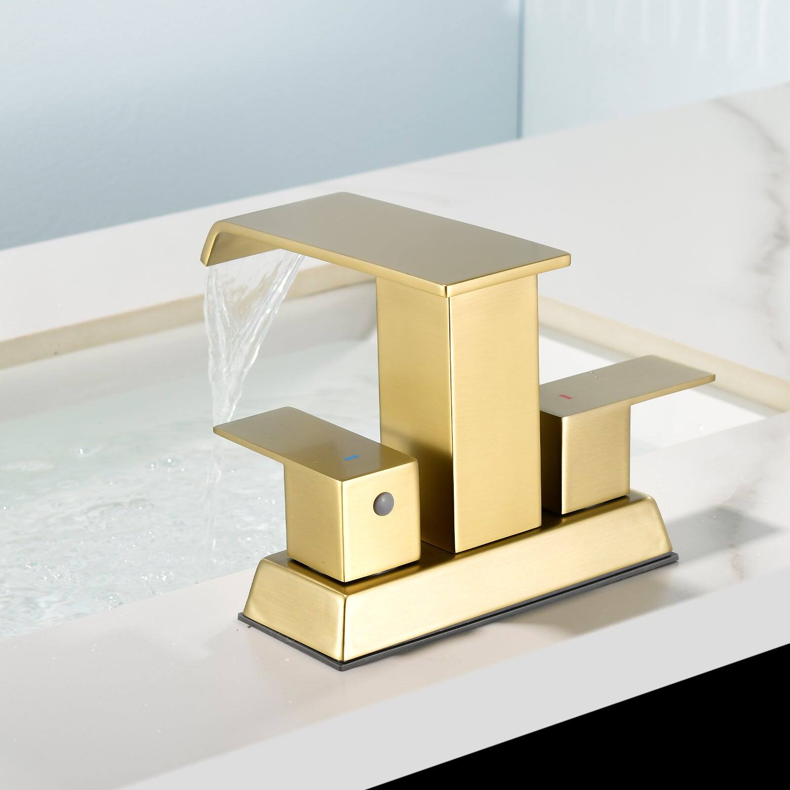 Alt View 5. Boyel Living - Brushed Gold 4 Inch Centerset Faucet SUS304 Waterfall Spout 1.2GPM Dual Handle Pop Up Drain - Brushed Gold.