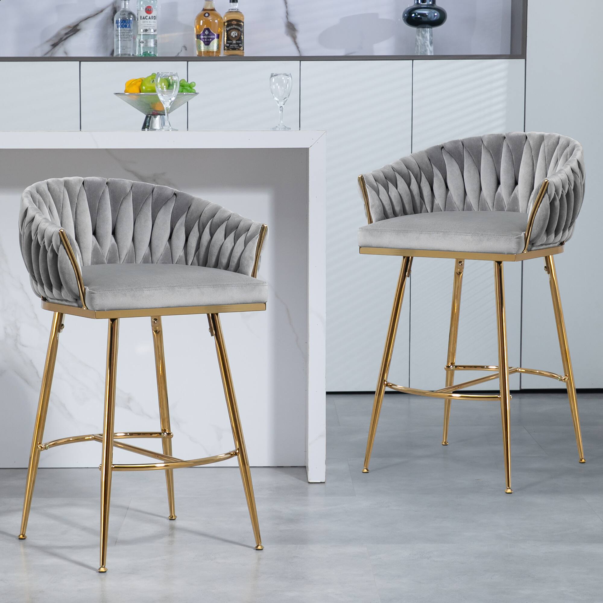 Angle. GOODSILO - Set of 2 Velvet Upholstered Bar Stools with Golden Chrome Base, Counter Height Stools for Kitchen Island or Bar Seating - Grey.
