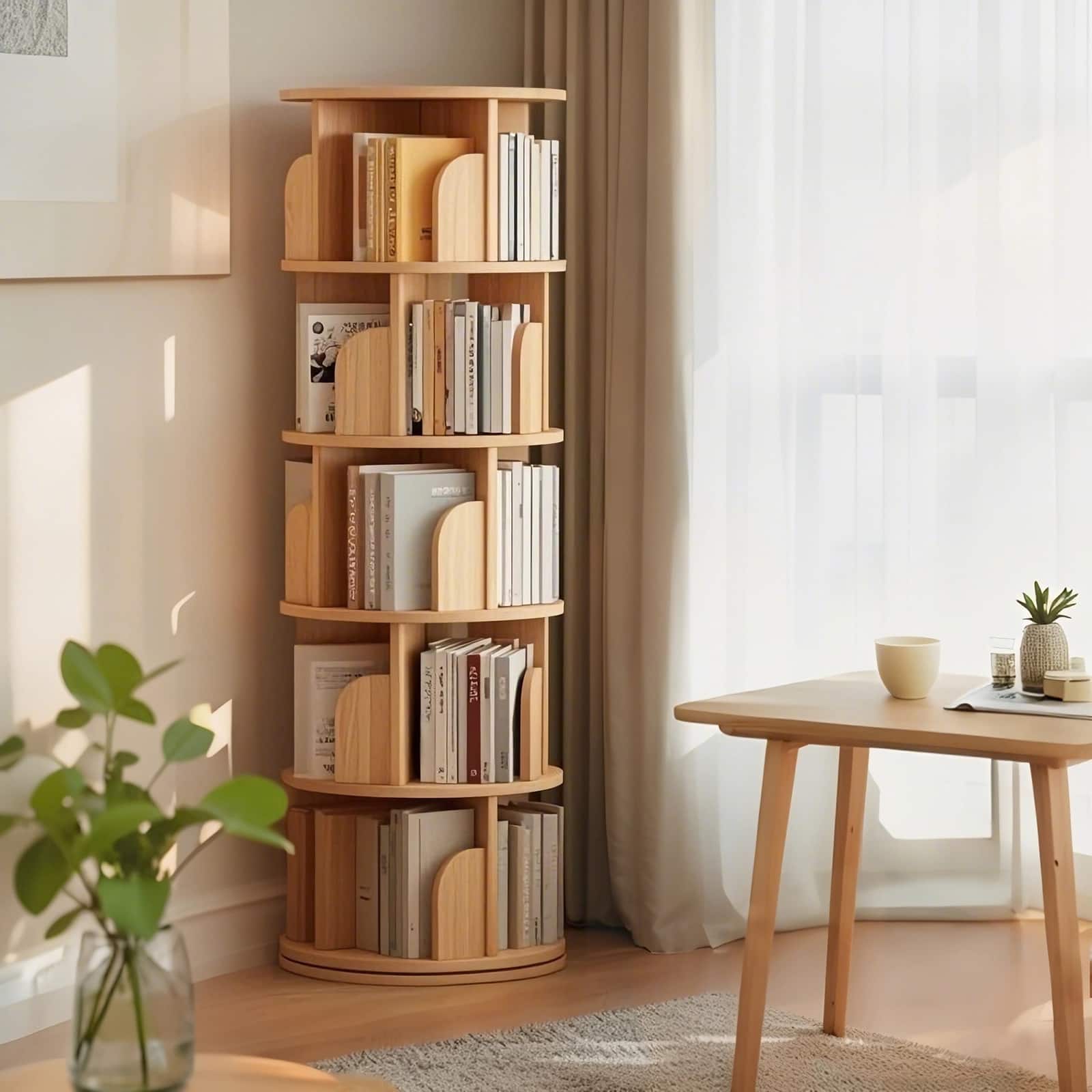 Ecooso - 5 Tier Bookshelf, 360° Display Round Spinning Bookshelf, Space-Saving for Bedroom, Living Room,Office, Color - Wood