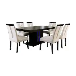 Manhattan Lane - Pyn 7pc Dining Table and Chair Set, Black Wood, Beige Faux Leather - Black, Beige