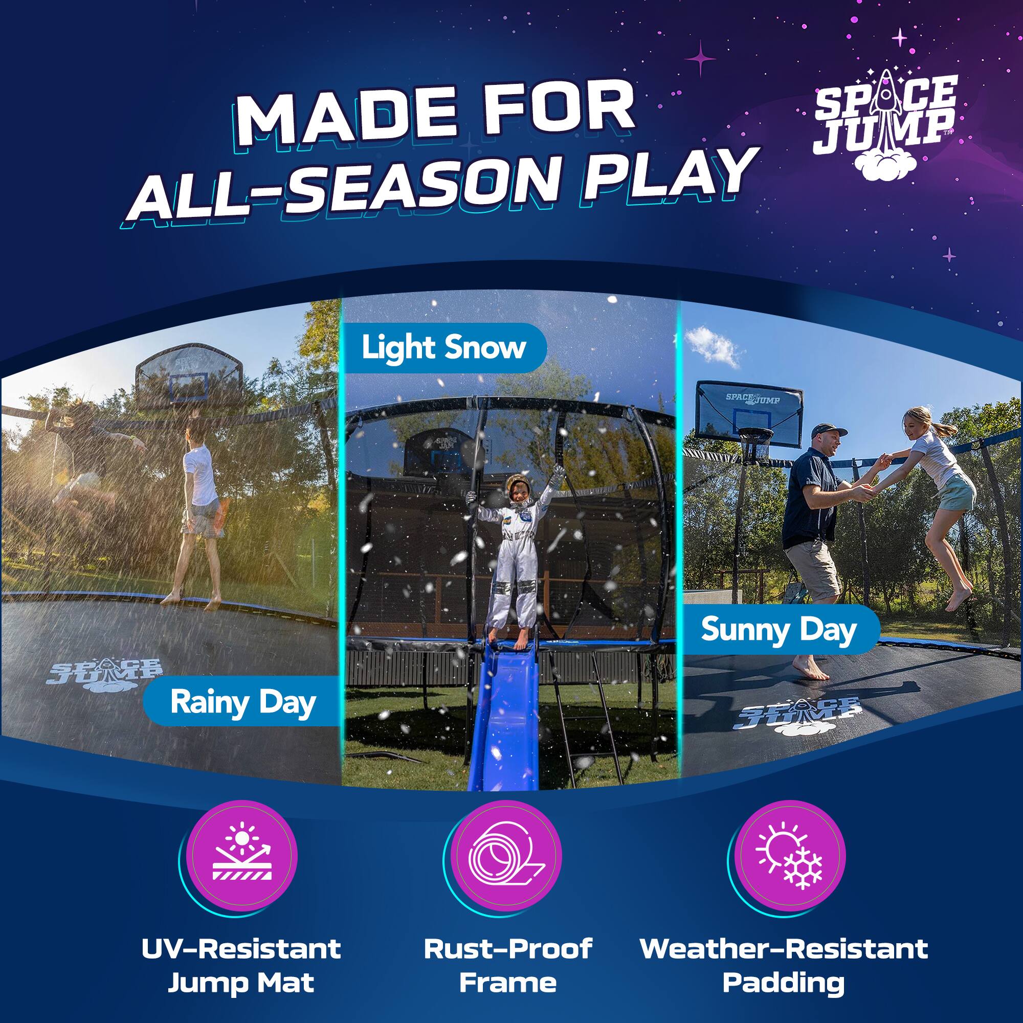 MADE FOR ALL-SEASON PLAY

Light Snow
Rainy Day
Sunny Day

UV-Resistant Jump Mat
Rust-Proof Frame
Weather-Resistant Padding