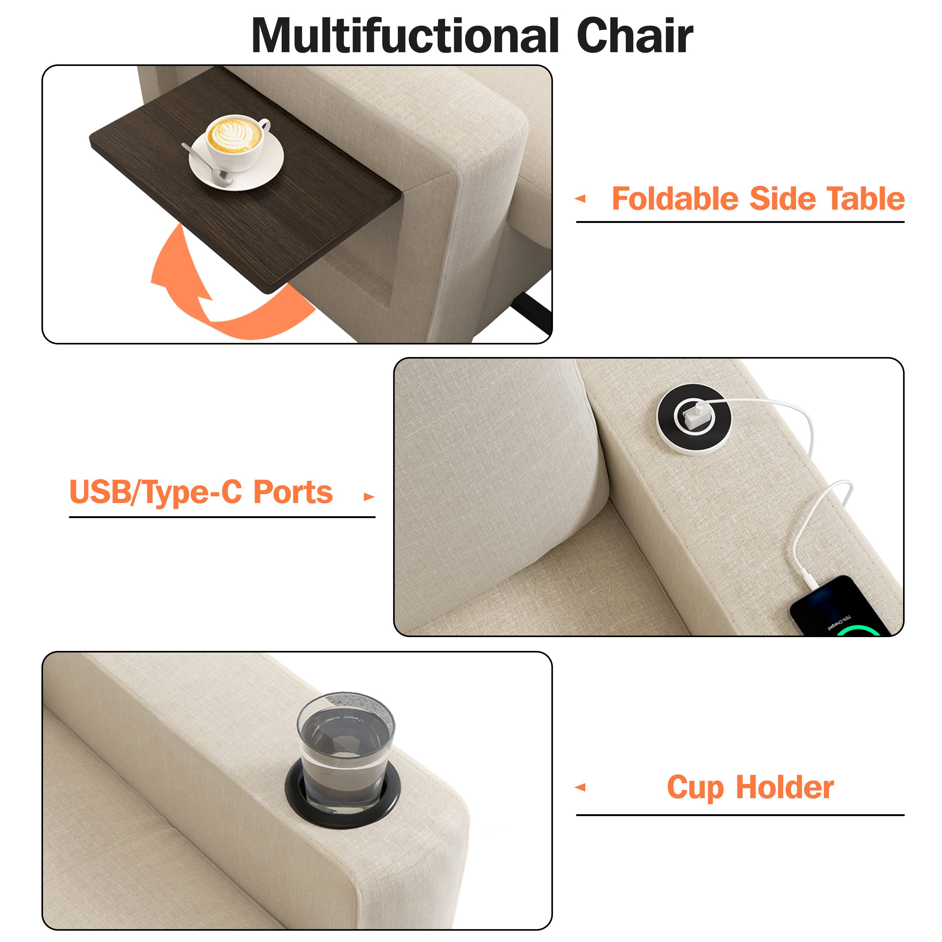 Multifunctional Chair

- Foldable Side Table
- USB/Type-C Ports
- Cup Holder