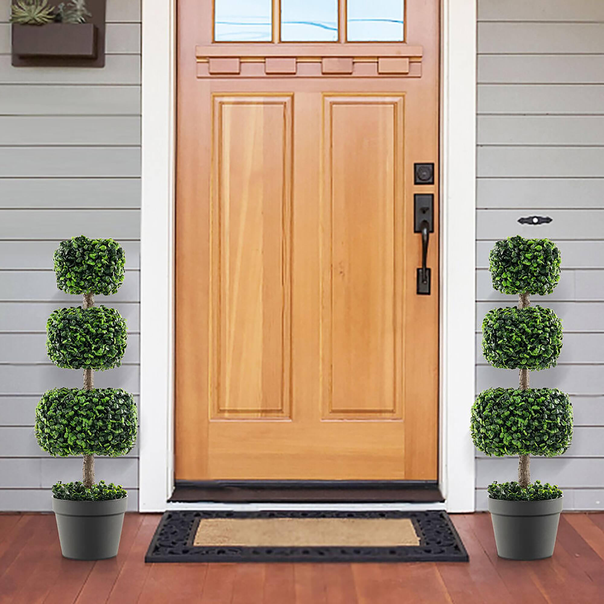 Alt View 1. Gymax - Gymax 2 PCS 35'' Artificial Boxwood Topiary Tree Faux Greenery Plant Fake Tree for Decoration - Green, Black.