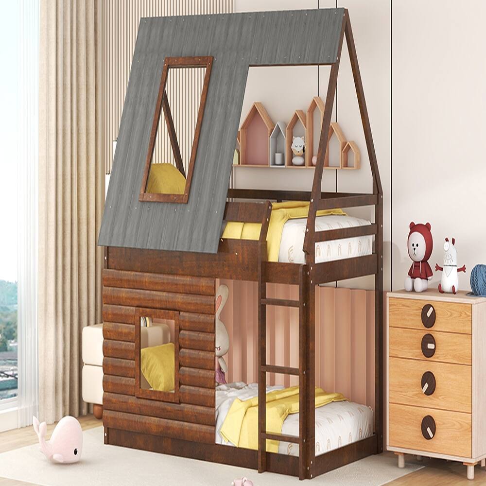 Back. Loheer - Loheer Wood Twin Over Twin House Bunk Bed with Roof and Windows Oak - Oak & Smoky Grey.