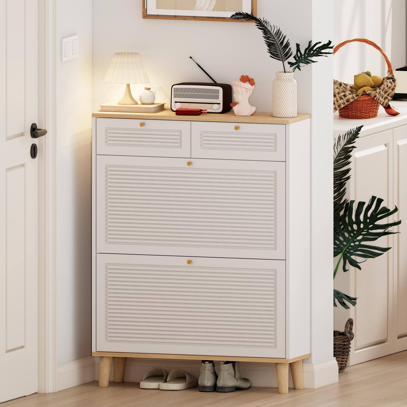 Alt View 7. Spaco - Spaco Shoe Cabinet with 2 Flip-Up Doors and 2 Drawers, Narrow Freestanding Organizer with Natural Wood Legs for Entryway - Natural+White.