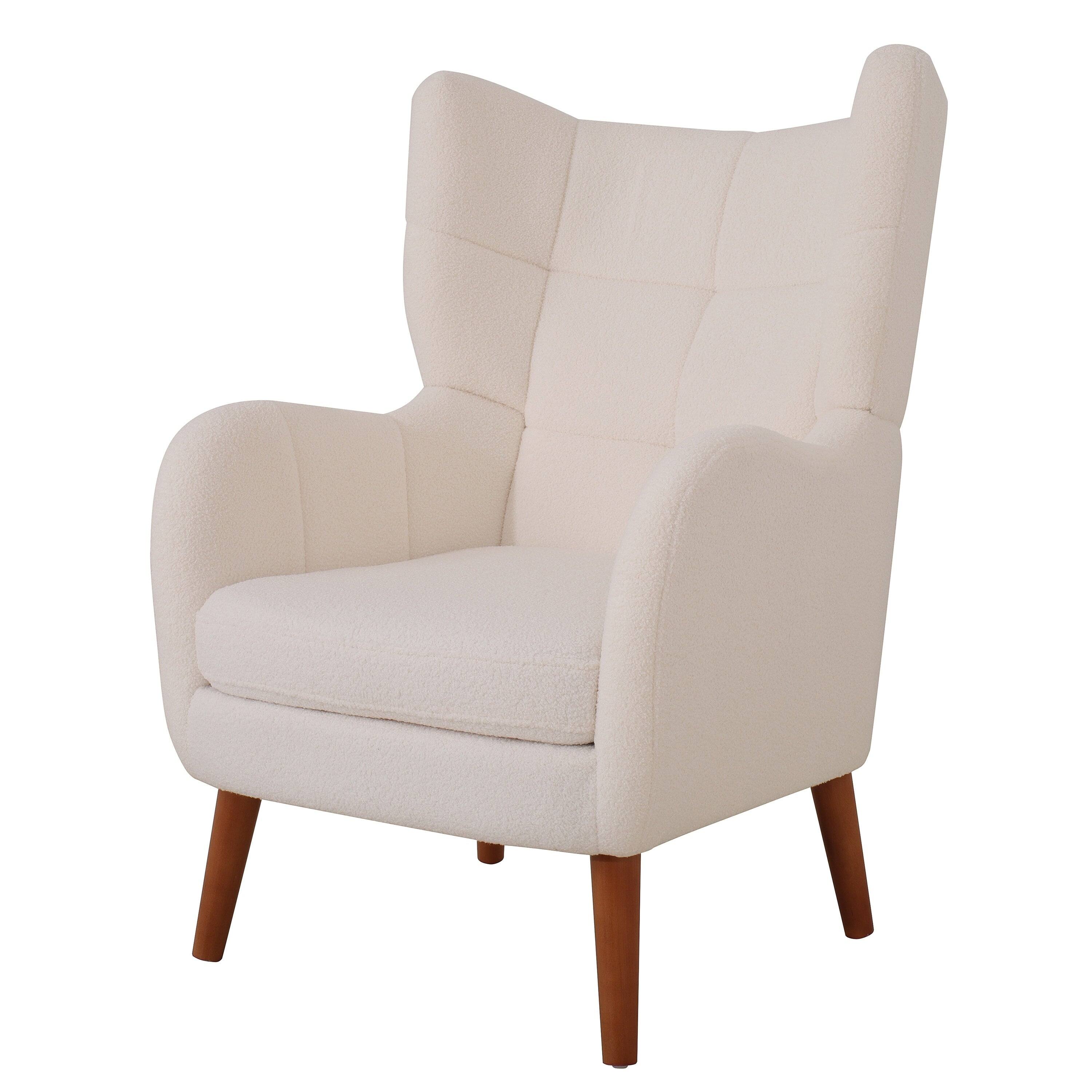 Boyel Living - 41 in. H Back Thickened Upholstered Teddy Wool Chair with Birch Wood Legs - White