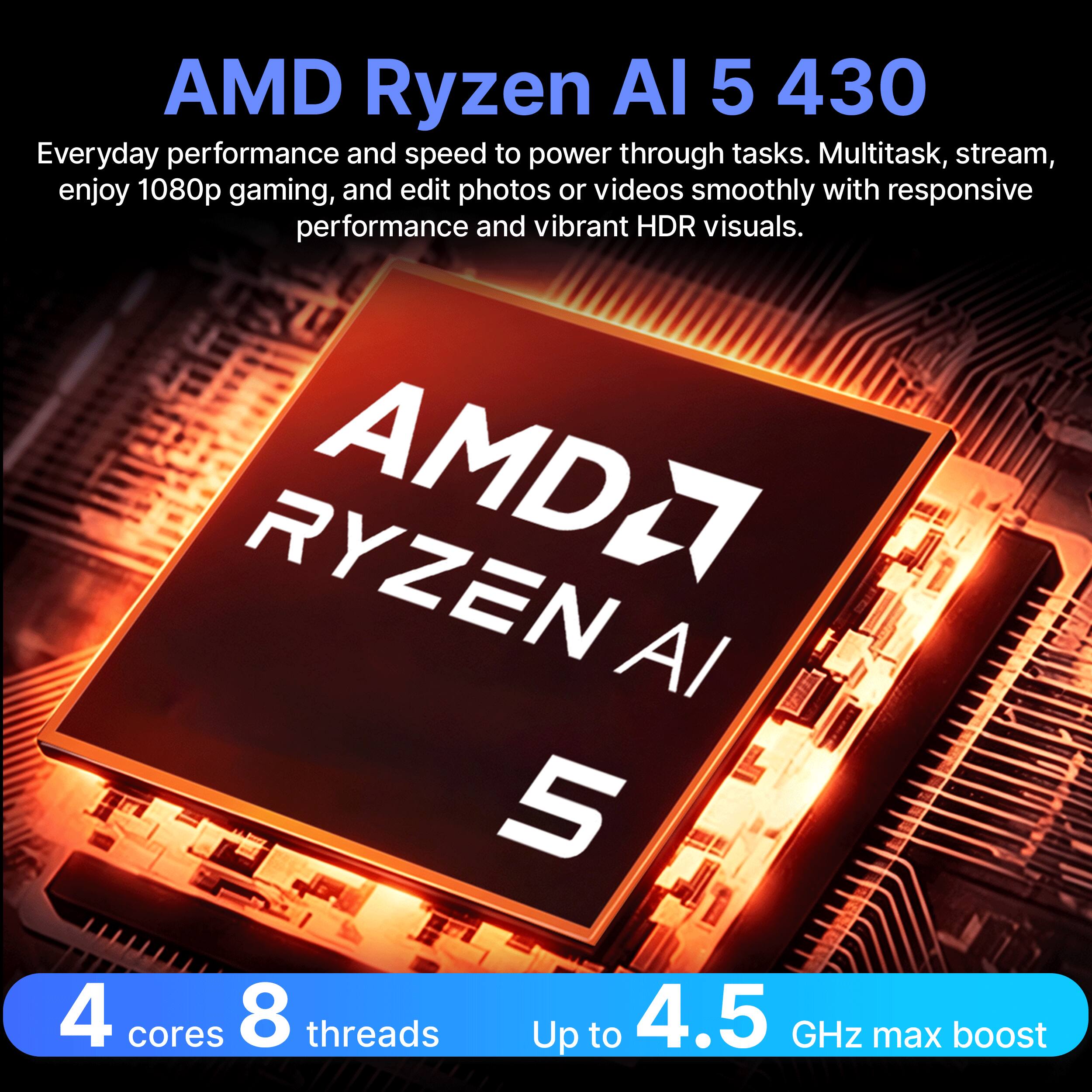 AMD Ryzen AI 5 430  
Everyday performance and speed to power through tasks. Multitask, stream, enjoy 1080p gaming, and edit photos or videos smoothly with responsive performance and vibrant HDR visuals.  

RYZEN AMD AI 5  
4 cores 8 threads  
Up to 4.5 GHz max boost
