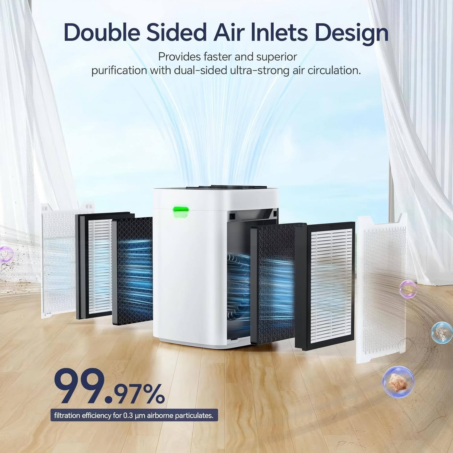 Double Sided Air Inlets Design  
Provides faster and superior purification with dual-sided ultra-strong air circulation.  
99.97% filtration efficiency for 0.3 µm airborne particulates.