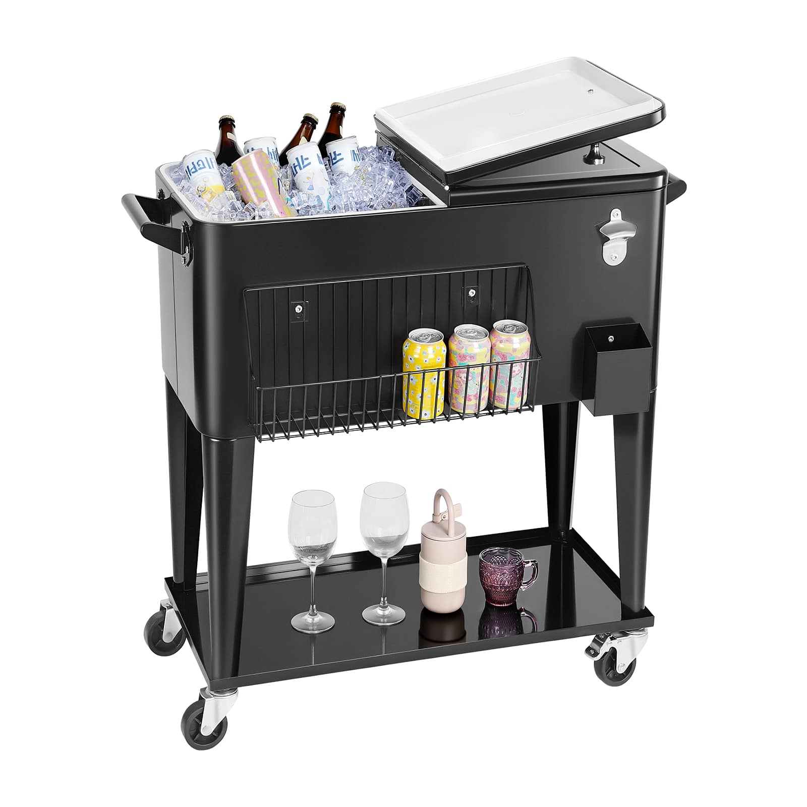 Front. VEVOR - 80 Quart Rolling Ice Chest, Holds up to 50 Bottles / 110 Cans, Portable Patio Party Bar Drink Cooler Cart - Black.