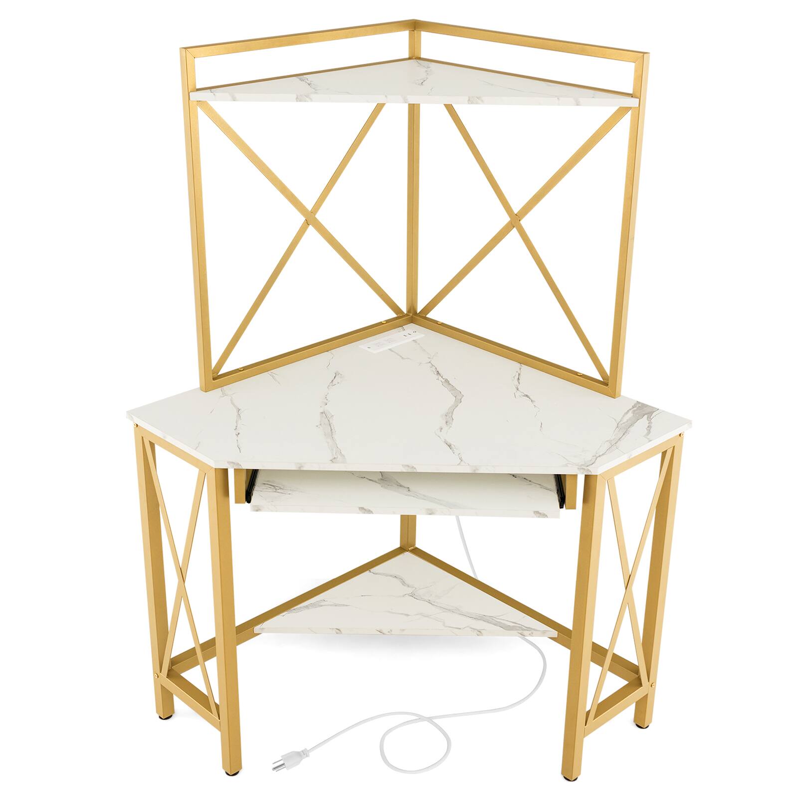 Front. Sugift - Space-Saving Corner Computer Desk with with Hutch and Keyboard Tray - White.