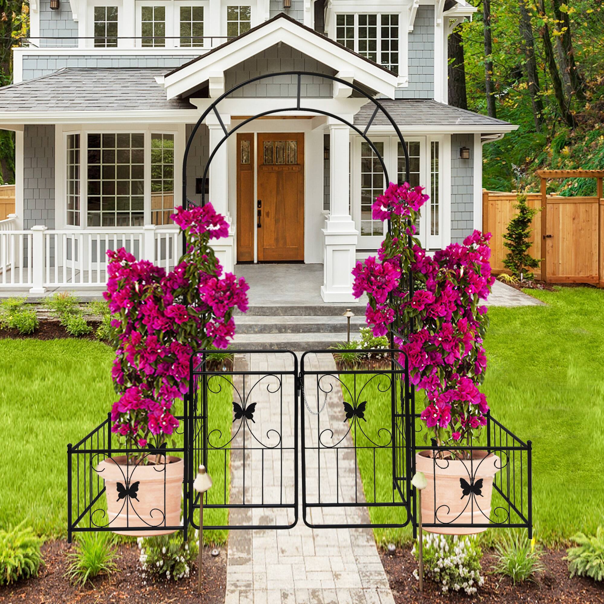 Alt View 6. Loheer - 6.63 ft W x 7.22 ft H Metal Garden Arch with Gate Rose Trellis for Outdoor Yard Wedding - Black.