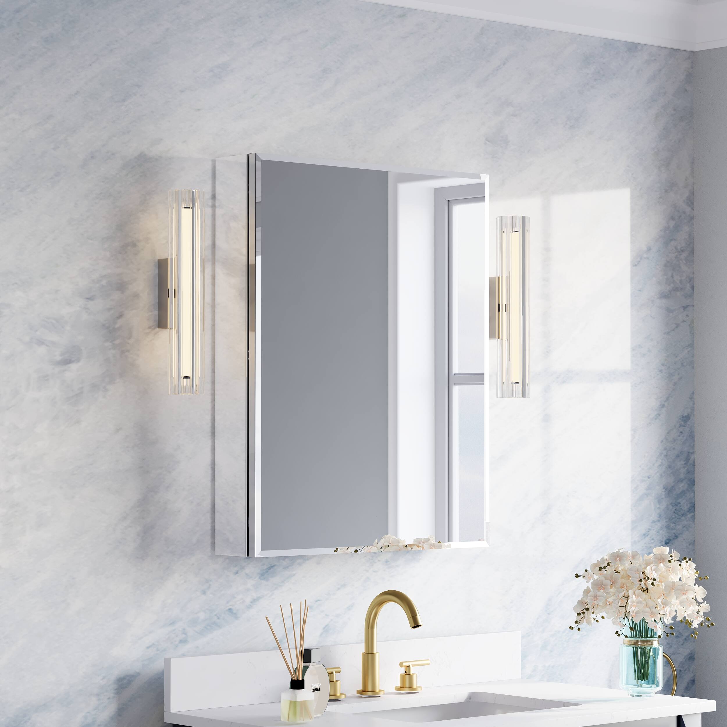 Left. WELLFOR - 24 in. W x 30 in. H Rectangular Aluminum Tri-View Beveled-Edge Medicine Cabinet with Mirror, Soft-Close BLUM Hinge - Silver.