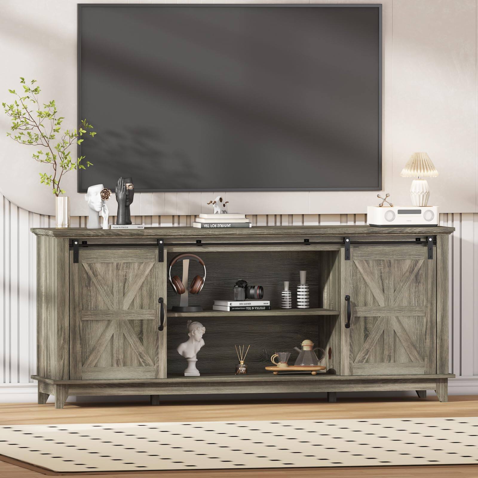 Alt View 3. Qeetex - 66" Farmhouse TV Stand for 75" TVs, Media Console with Sliding Barn Doors, Adjustable Shelf & Charging Station - Gray.