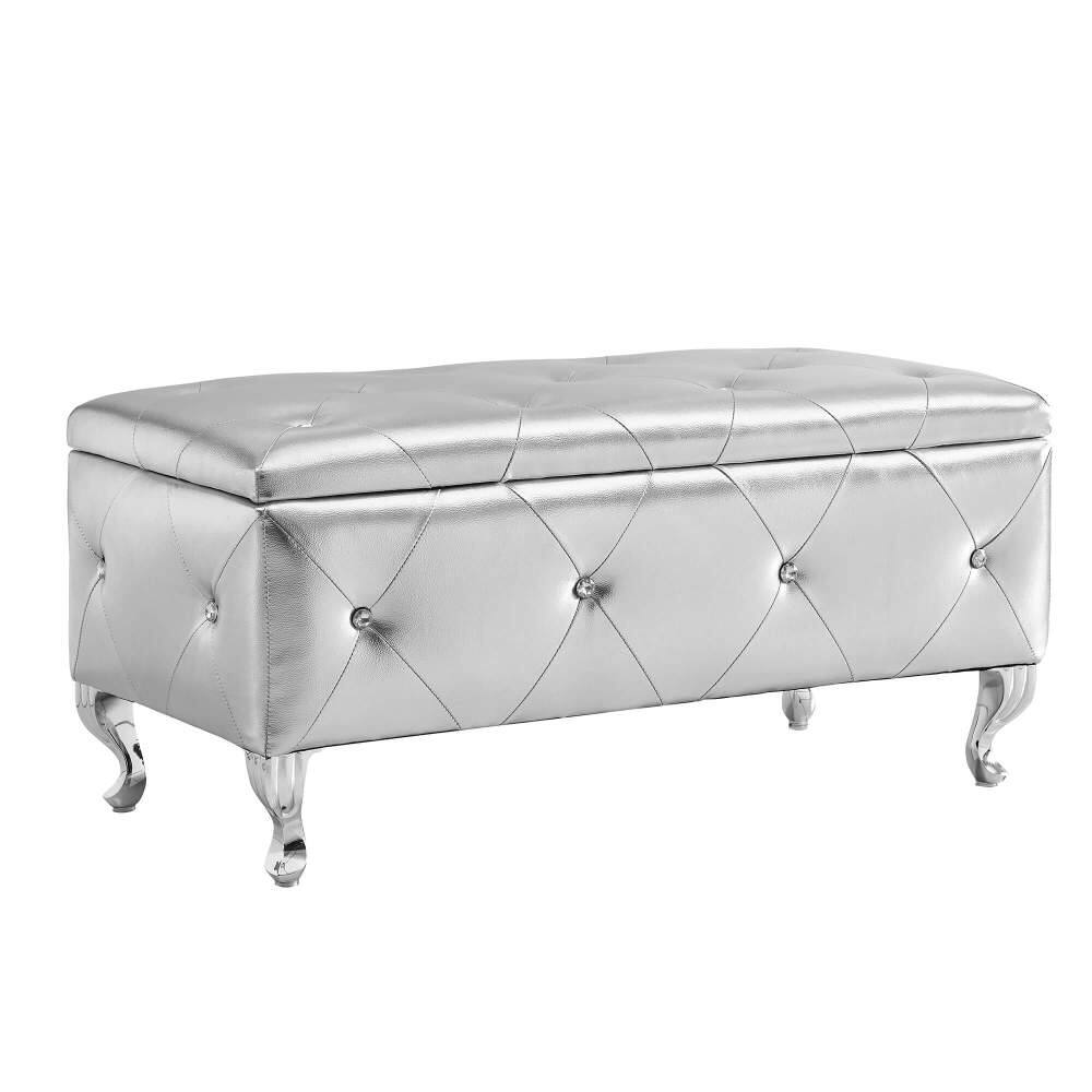 Alt View 2. PDTEND - Rectangular Upholstered Storage Ottoman Bench With Crystal Buttons for Living Room Entryway - Silver.