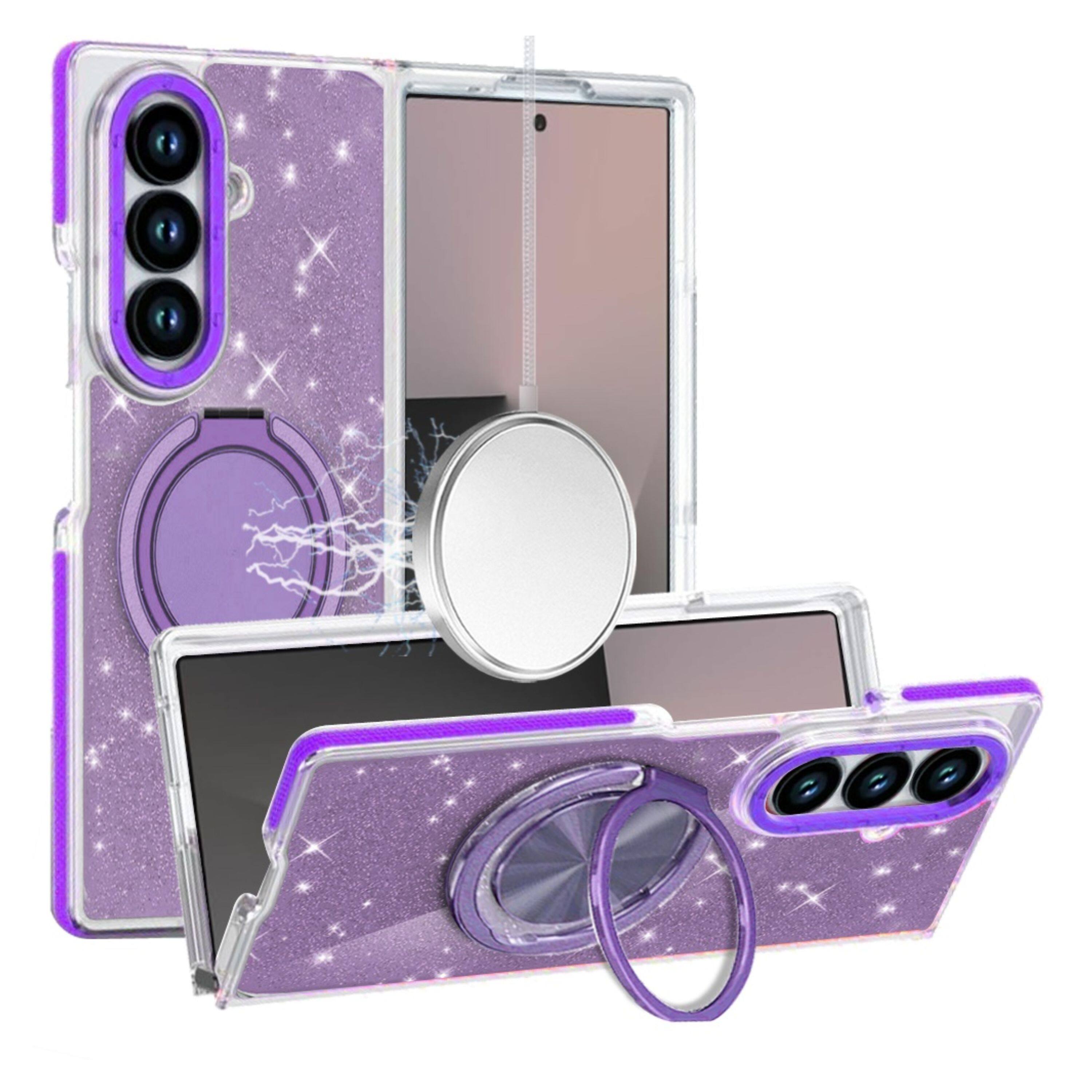Angle. Kitcheniva - Full Glitter Magnetic Circle Stand Phone Case With Tempered Glass For Samsung Galaxy Z Fold7 Purple - Purple.