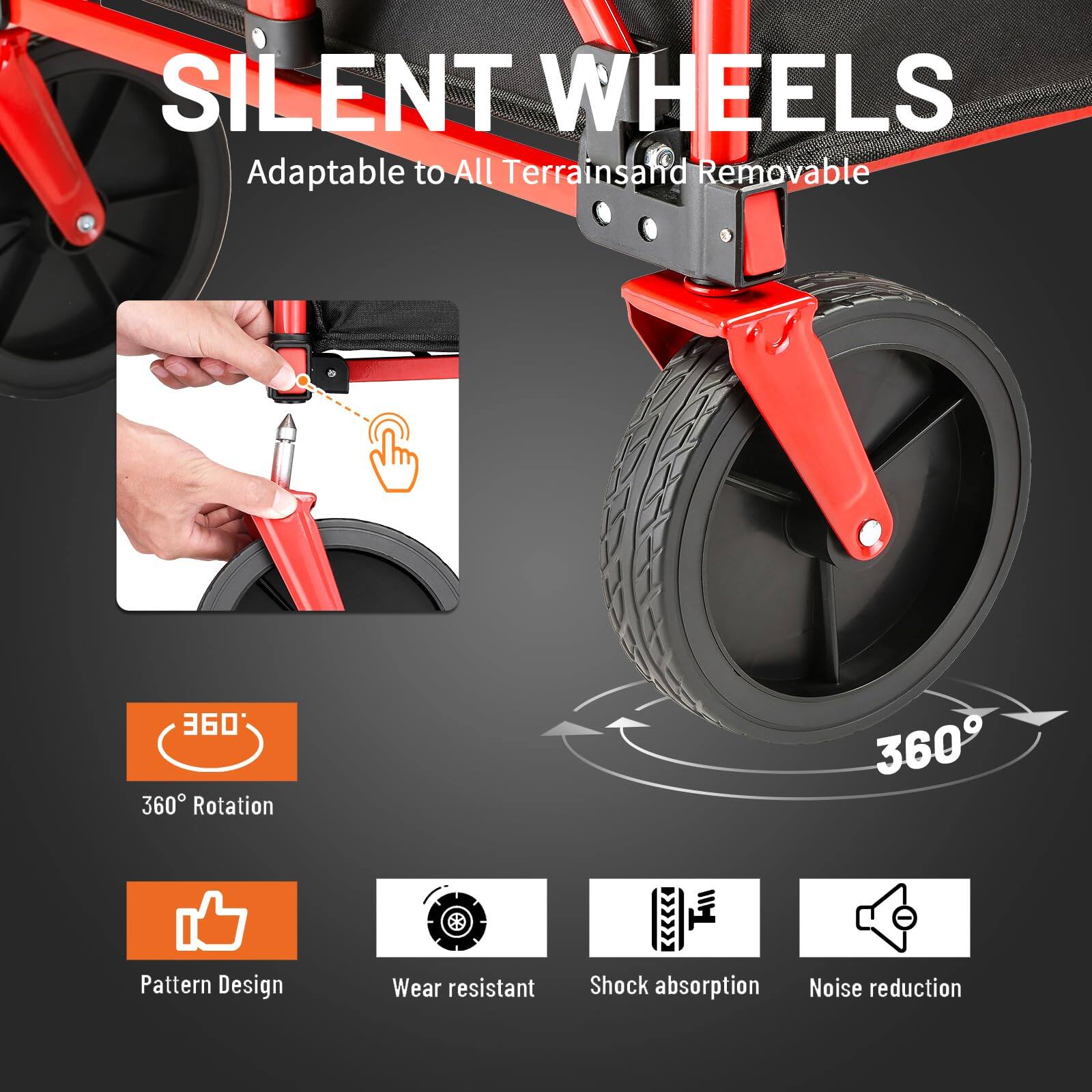 SILENT WHEELS

- Adaptable to All Terrains
- Removable
- 360° Rotation
- Pattern Design
- Wear Resistant
- Shock Absorption
- Noise Reduction