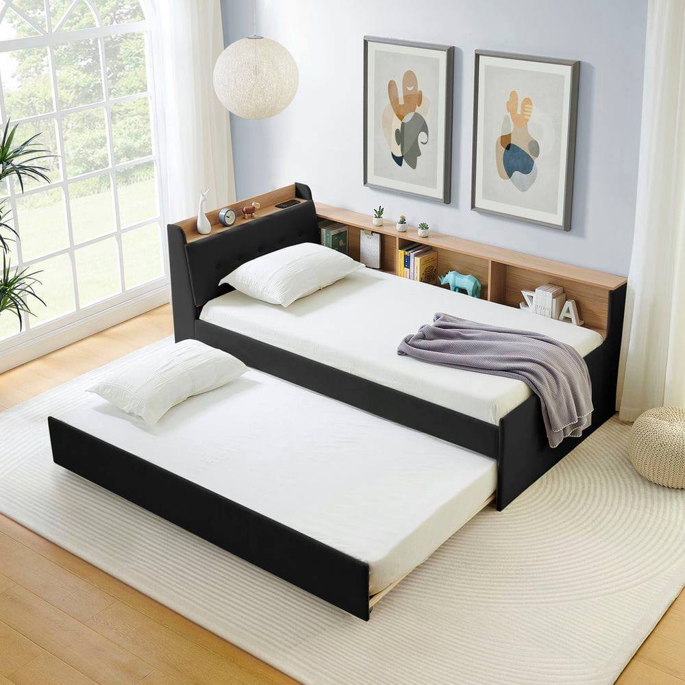 Alt View 9. Kadyn - Twin Size Upholstered Velvet Height Adjustable Daybed with Storage Headboard, Wireless Charging, Trundle & LED Lights - Black.