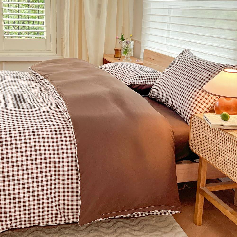 Left. Stylel Star - Mocha Gingham Duvet Cover Set King Dark Tan Grid Simple Geometric Square Pattern Comforter Soft Plaid Washed... - Pink Gingham-Twin/Twin XL(68"*90").