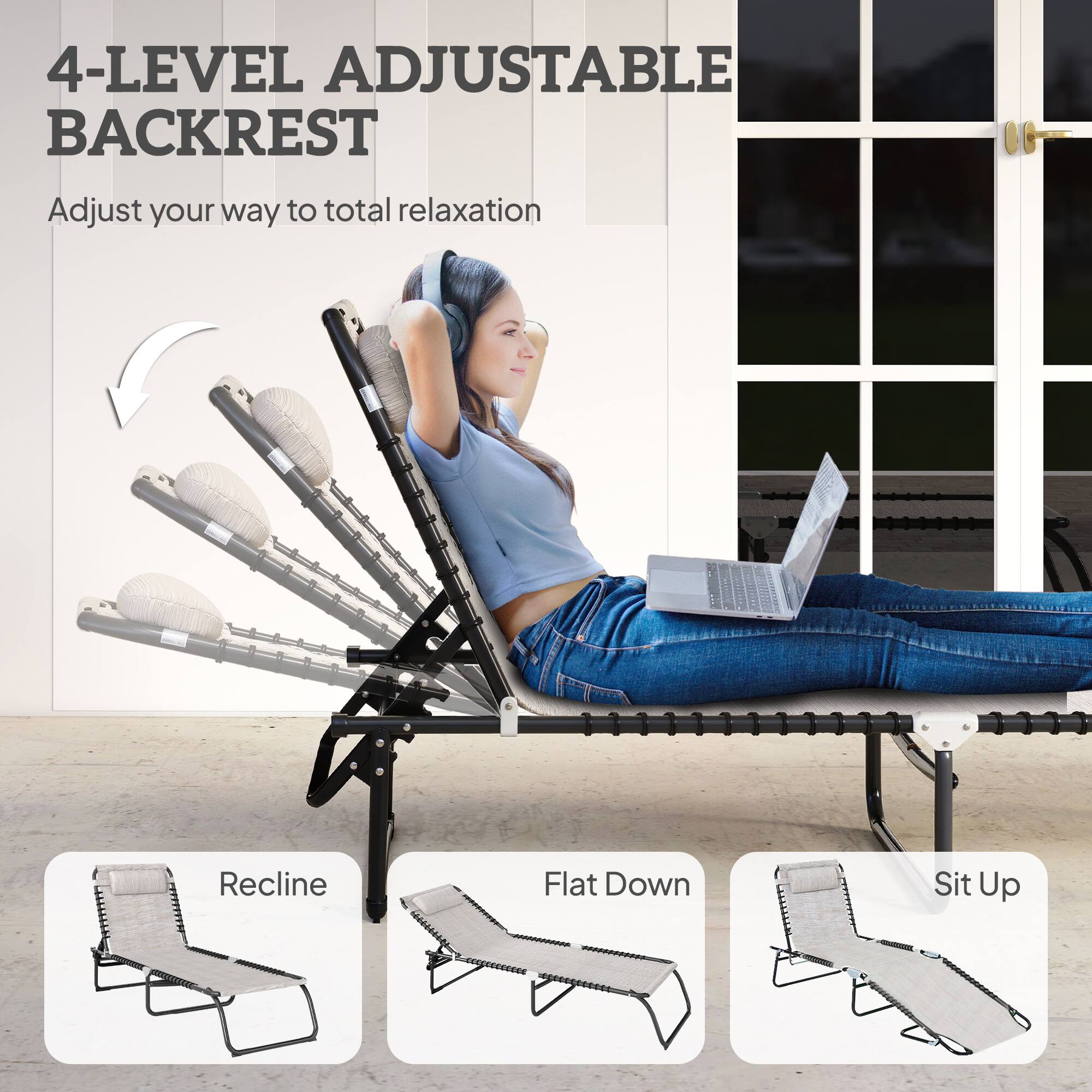 4-LEVEL ADJUSTABLE BACKREST  
Adjust your way to total relaxation  

Recline  
Flat Down  
Sit Up