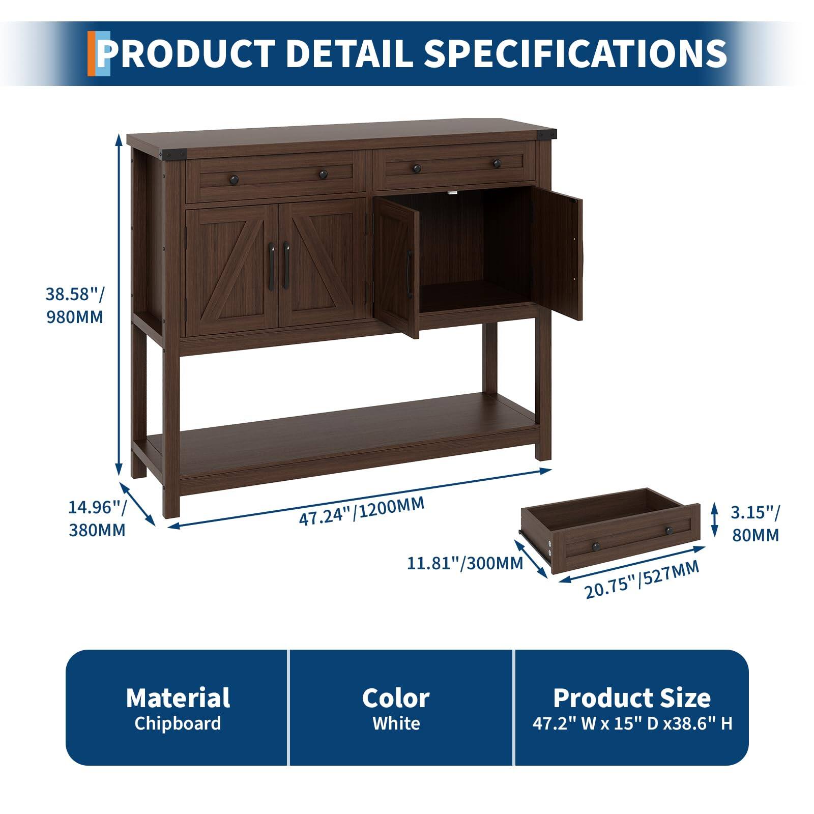 **PRODUCT DETAIL SPECIFICATIONS**

- **Height:** 38.58" / 980MM
- **Depth:** 14.96" / 380MM
- **Width:** 47.24" / 1200MM
- **Drawer Height:** 3.15" / 80MM
- **Drawer Width:** 20.75" / 527MM
- **Drawer Depth:** 11.81" / 300MM

**Material:** Chipboard

**Color:** White

**Product Size:** 47.2" W x 15" D x 38.6" H