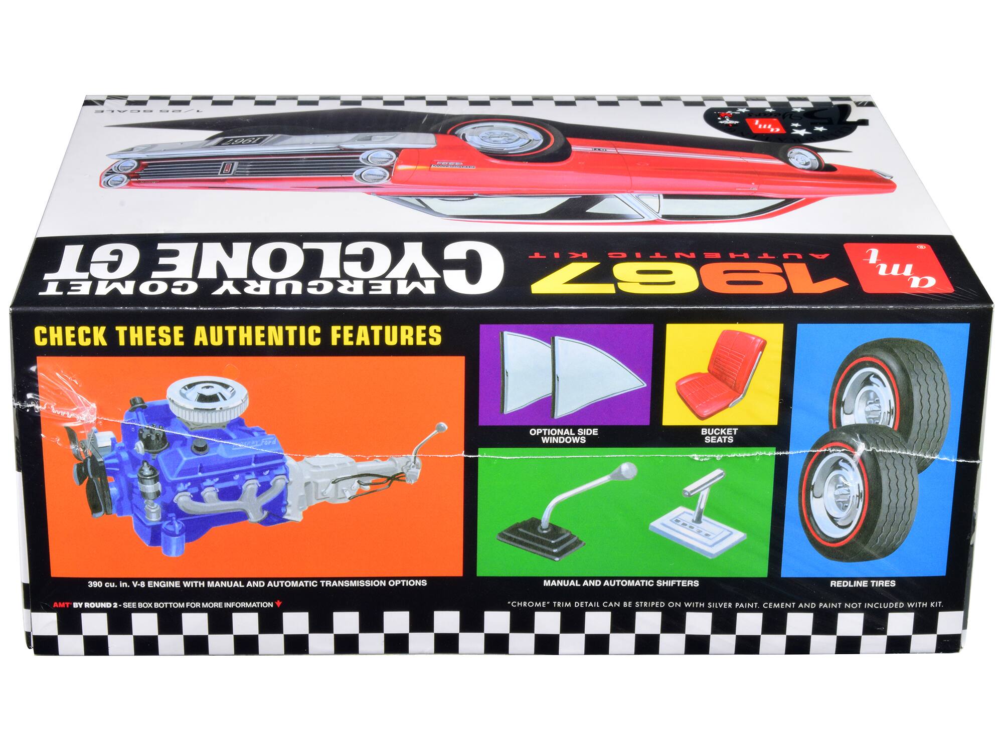 Sure, here is the corrected and grouped text from the image:

---

**CHECK THESE AUTHENTIC FEATURES**

- **390 cu. in. V-8 ENGINE WITH MANUAL AND AUTOMATIC TRANSMISSION OPTIONS**
  - AMT BY ROUND 2 - SEE BOX BOTTOM FOR MORE INFORMATION

- **OPTIONAL SIDE WINDOWS**

- **BUCKET SEATS**

- **MANUAL AND AUTOMATIC SHIFTERS**

- **REDLINE TIRES**

- **"CHROME" TRIM DETAIL CAN BE STRIPED ON WITH SILVER PAINT. CEMENT AND PAINT NOT INCLUDED WITH KIT.**

---

**CHECK THESE AUTHENTIC FEATURES**

- **390 cu. in. V-8 ENGINE WITH MANUAL AND AUTOMATIC TRANSMISSION OPTIONS**
  - AMT BY ROUND 2 - SEE BOX BOTTOM FOR MORE INFORMATION

- **OPTIONAL SIDE WINDOWS**

- **BUCKET SEATS**

- **MANUAL AND AUTOMATIC SHIFTERS**

- **REDLINE TIRES**

- **"CHROME" TRIM DETAIL CAN BE STRIPED ON WITH SILVER PAINT. CEMENT AND PAINT NOT INCLUDED WITH KIT.**

---

**CHECK THESE AUTHENTIC FEATURES**

- **390 cu.