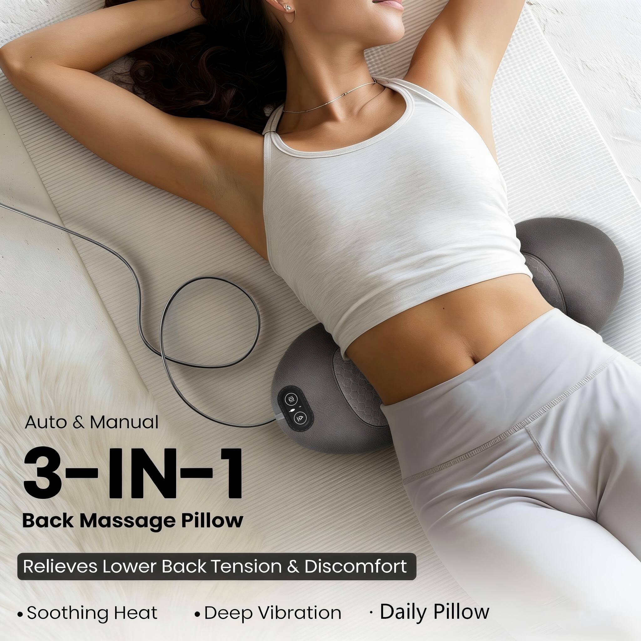 Auto & Manual  
3-IN-1  
Back Massage Pillow  
Relieves Lower Back Tension & Discomfort  

- Soothing Heat  
- Deep Vibration  
- Daily Pillow