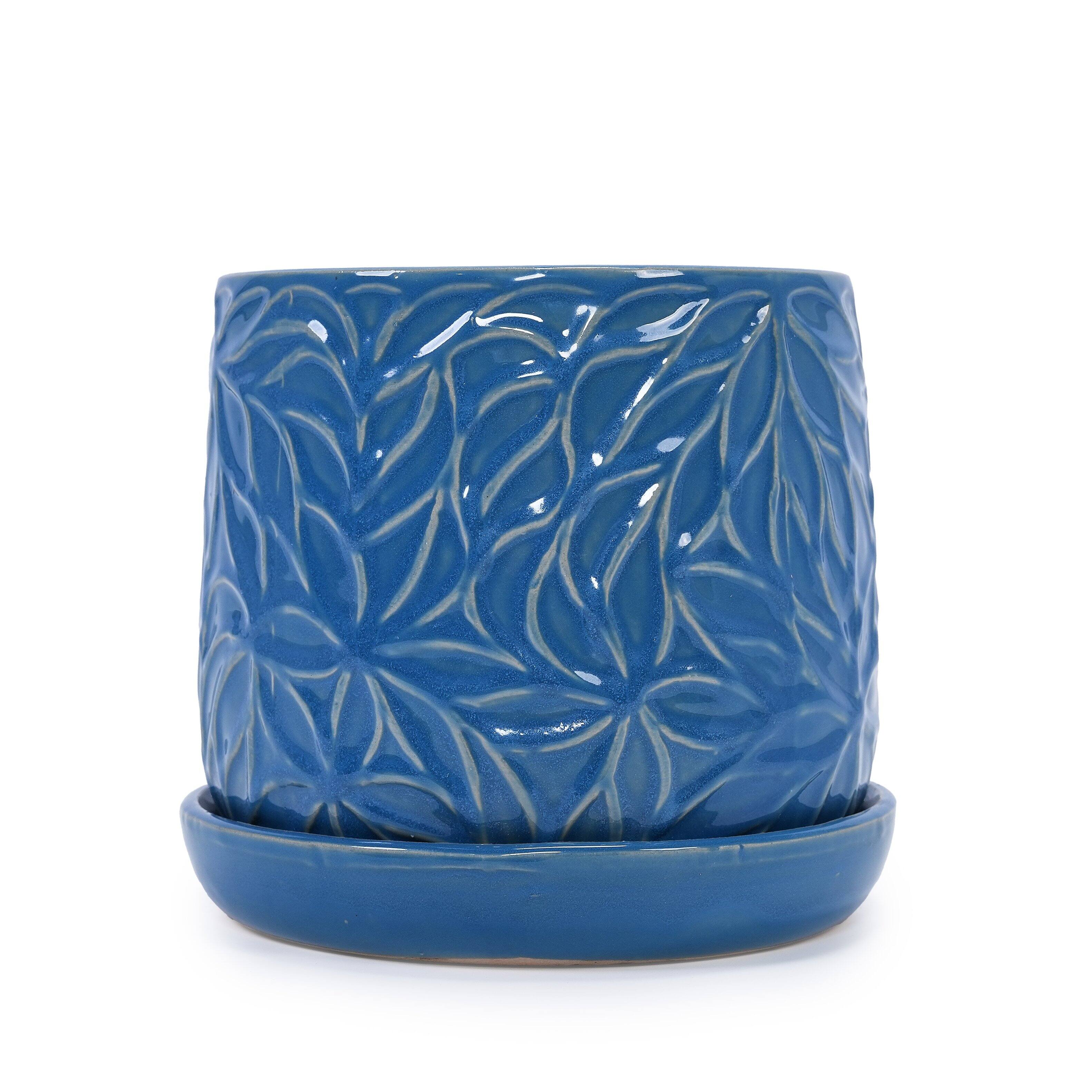 Alt View 8. Loheer - Ceramic Planter Set Loheer Handmade Blue Plant Pots with Saucers, Leaf Pattern, 6in and 8in for Succulents Herbs.