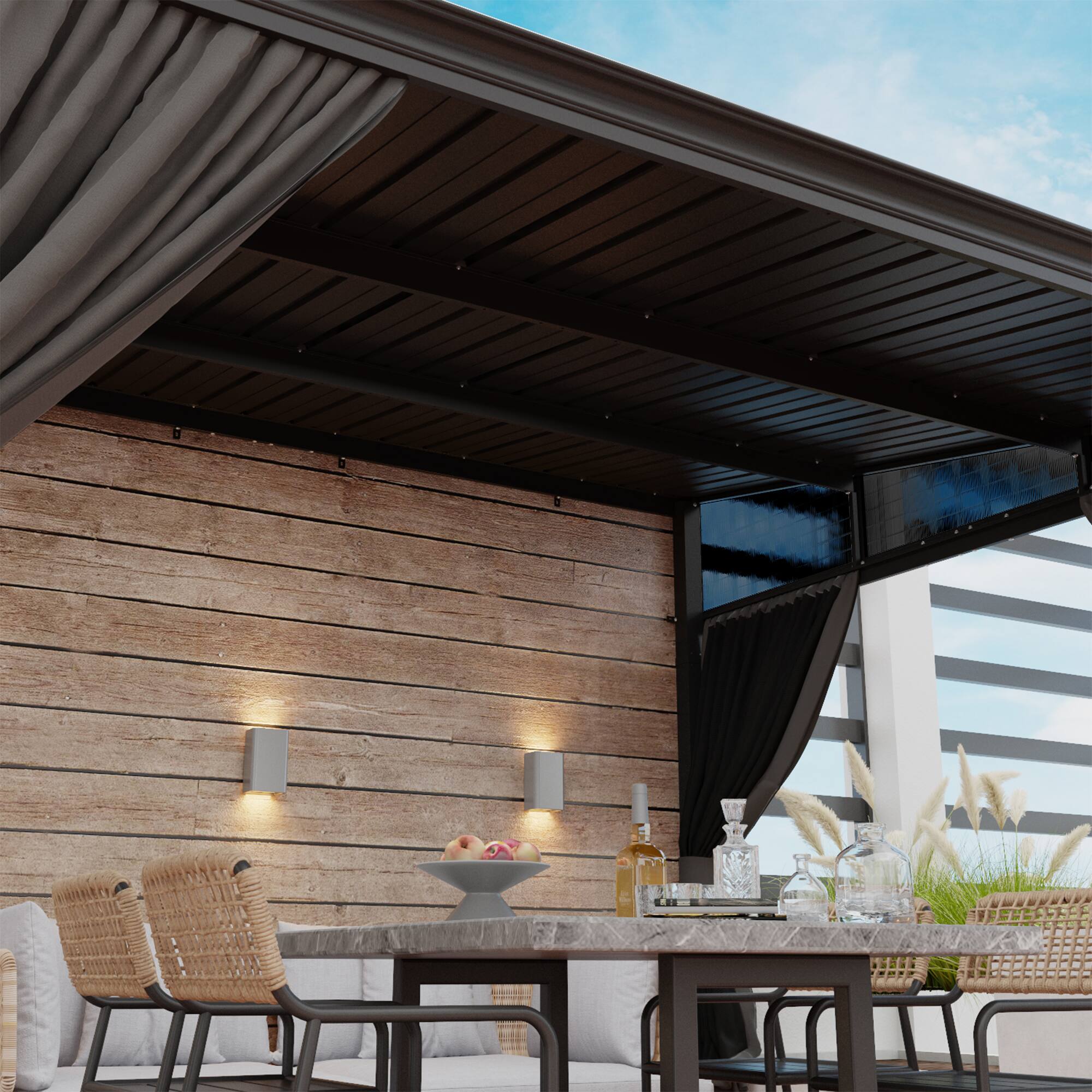 Back. Famapy - Heavy Duty Outdoor Gazebo with Steel Roof, Aluminum Frame, Curtains & Netting for Patio, Garden, Deck.