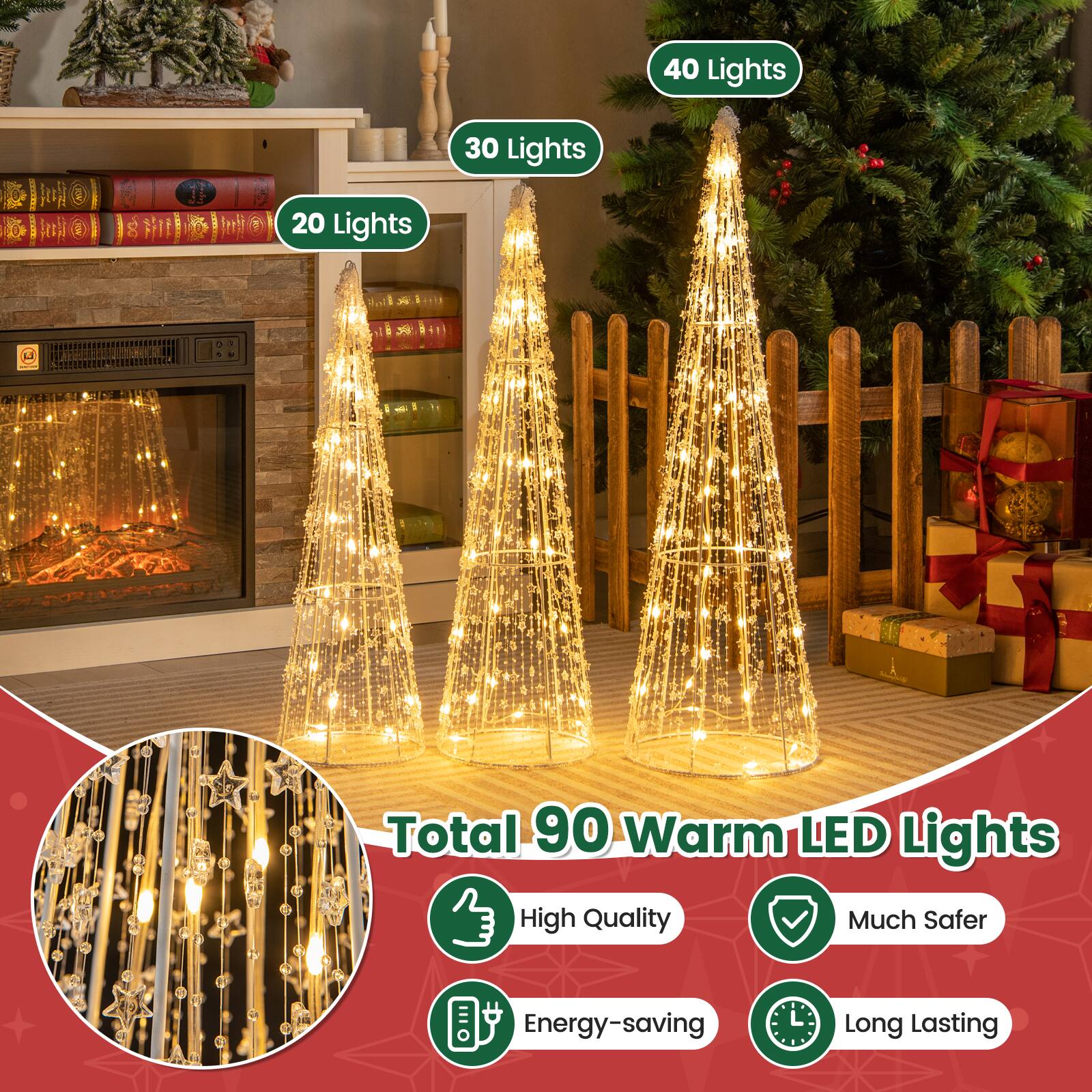 Total 90 Warm LED Lights

- 20 Lights
- 30 Lights
- 40 Lights

High Quality  
Much Safer  
Energy-saving  
Long Lasting