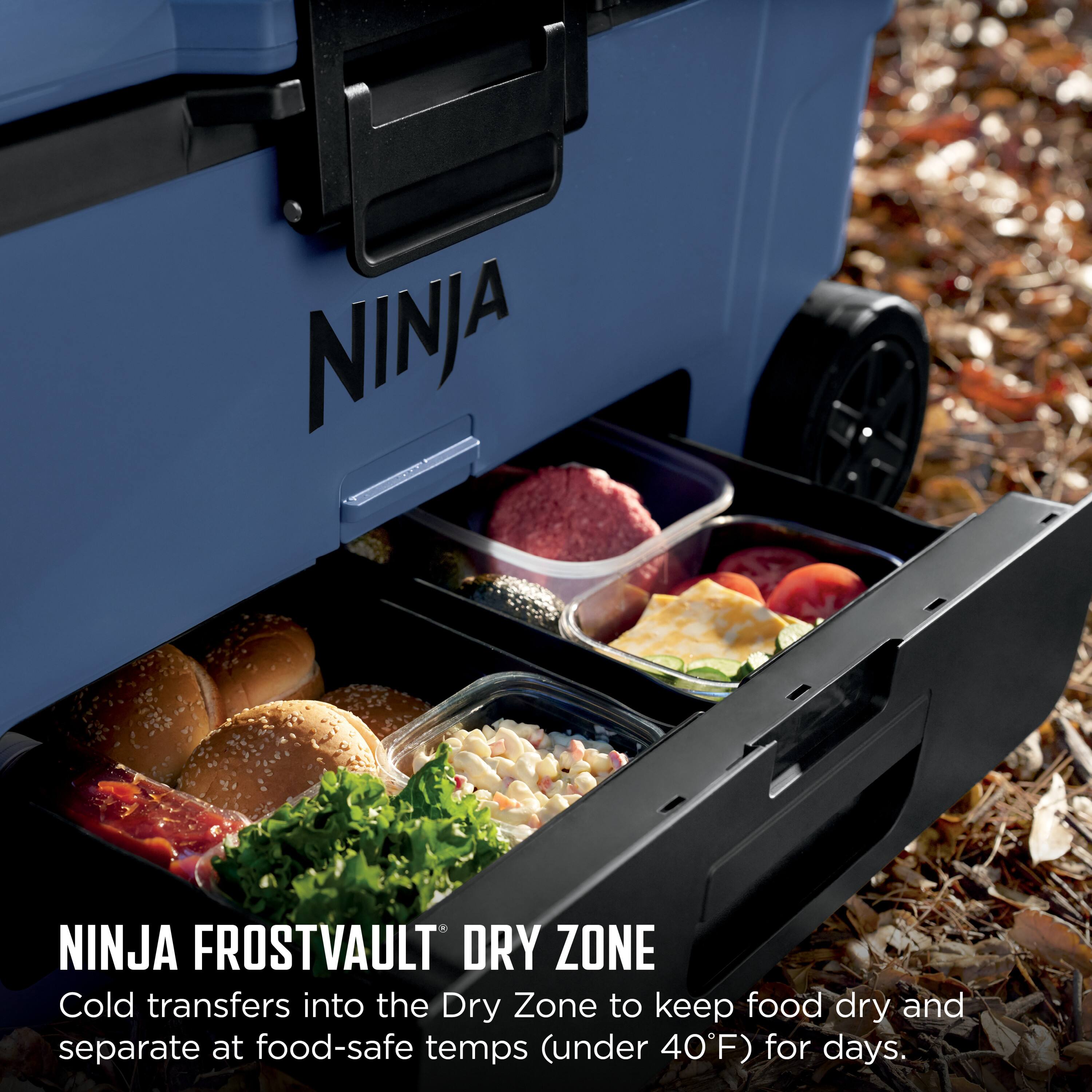 NINJA FROSTVAULT DRY ZONE  
Cold transfers into the Dry Zone to keep food dry and separate at food-safe temps (under 40°F) for days.