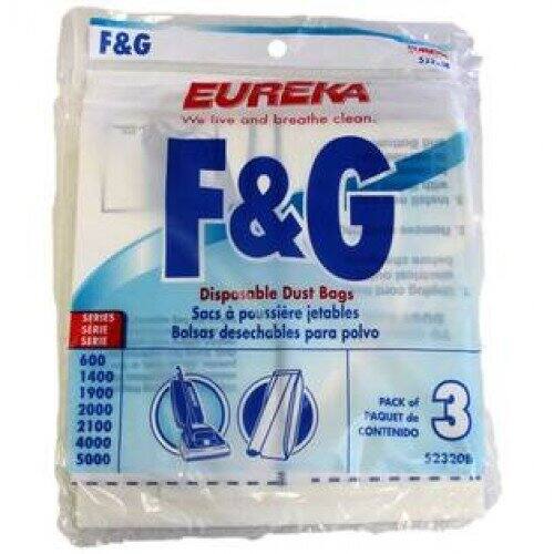 F&G EUREKA  
We live and breathe clean.  

F&G  
Disposable Dust Bags  
Sacs à poussière jetables  
Bolsas desechables para polvo  

PACK of 3  
PAQUET de 3  
CONTENIDO  

600  
1400  
1900  
2000  
2100  
4000  
5000  

523206