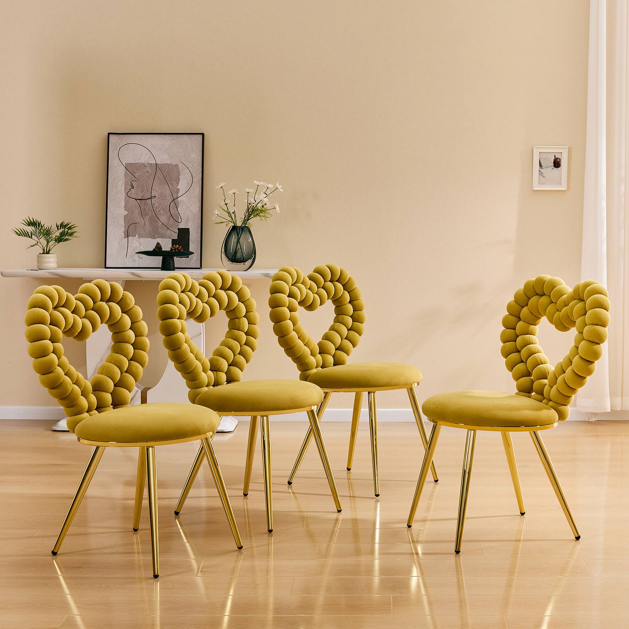 Alt View 2. Loheer - Loheer Heart Accent Chair Yellow Velvet Decorative Side Chair for Vanity Dining Room with Gold Metal Frame 2.9 ft - Gold,Yellow.
