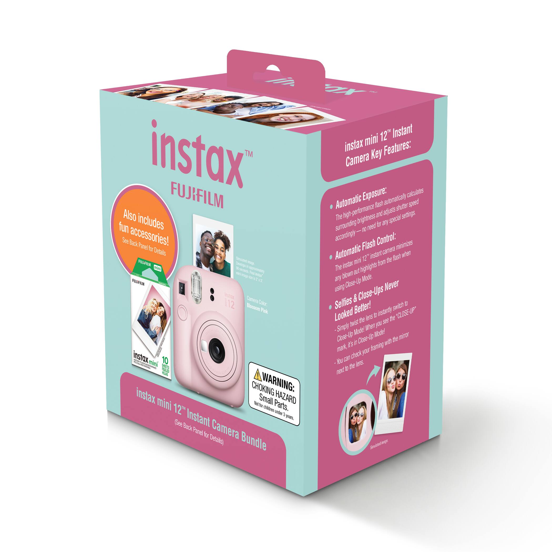 XL - mini 12" Instant Camera

Features:
- Automatic Exposure: The high-performance flash automatically calculates surrounding brightness and adjusts shutter speed accordingly.
- Automatic Flash Control: The instax mini 12" instant camera minimizes blown-out highlights from the flash when using Close-Up Mode.
- Selfies & Close-Ups Looked Better! Simply twist the lens to instantly switch to "CLOSE-UP" mode. It's Close-up Model! You can check your framing with the mirror next to the lens.

Also includes fun accessories! See Back Panel for Details

instax mini 12" Instant Camera Bundle

WARNING: CHOKING HAZARD - Small Parts. Not for children under 3 years. See Back Panel for Details