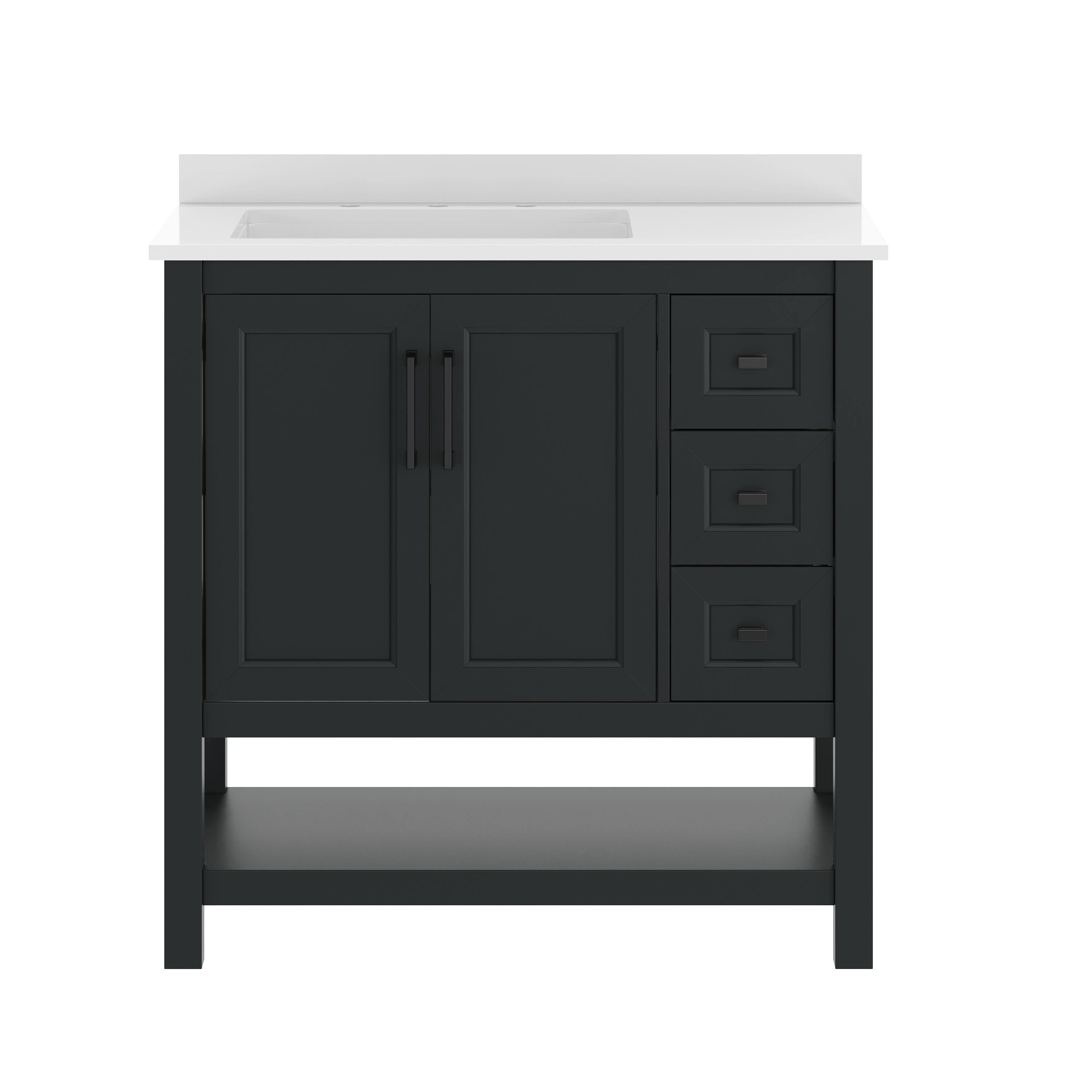 Angle. Flash Furniture - Vega 36" Bathroom Vanity with Sink, Cabinet with Black Hardware, Soft Close Doors, Open Shelf & 3 Drawers, Carrara Marbl - Black.