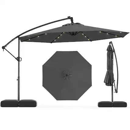 Front. Costway - Costway 10 FT Solar Offset Hanging Umbrella Patio Cantilever Umbrella with 32 LED Lights - Gray.
