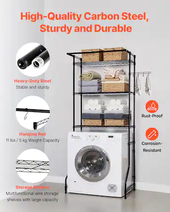 VEVOR Over Washer and Dryer Storage Shelf,3 Tiers Laundry Room Drying Rack,Hanger Rod and Hooks, Single Row Adjustable Shelves Black