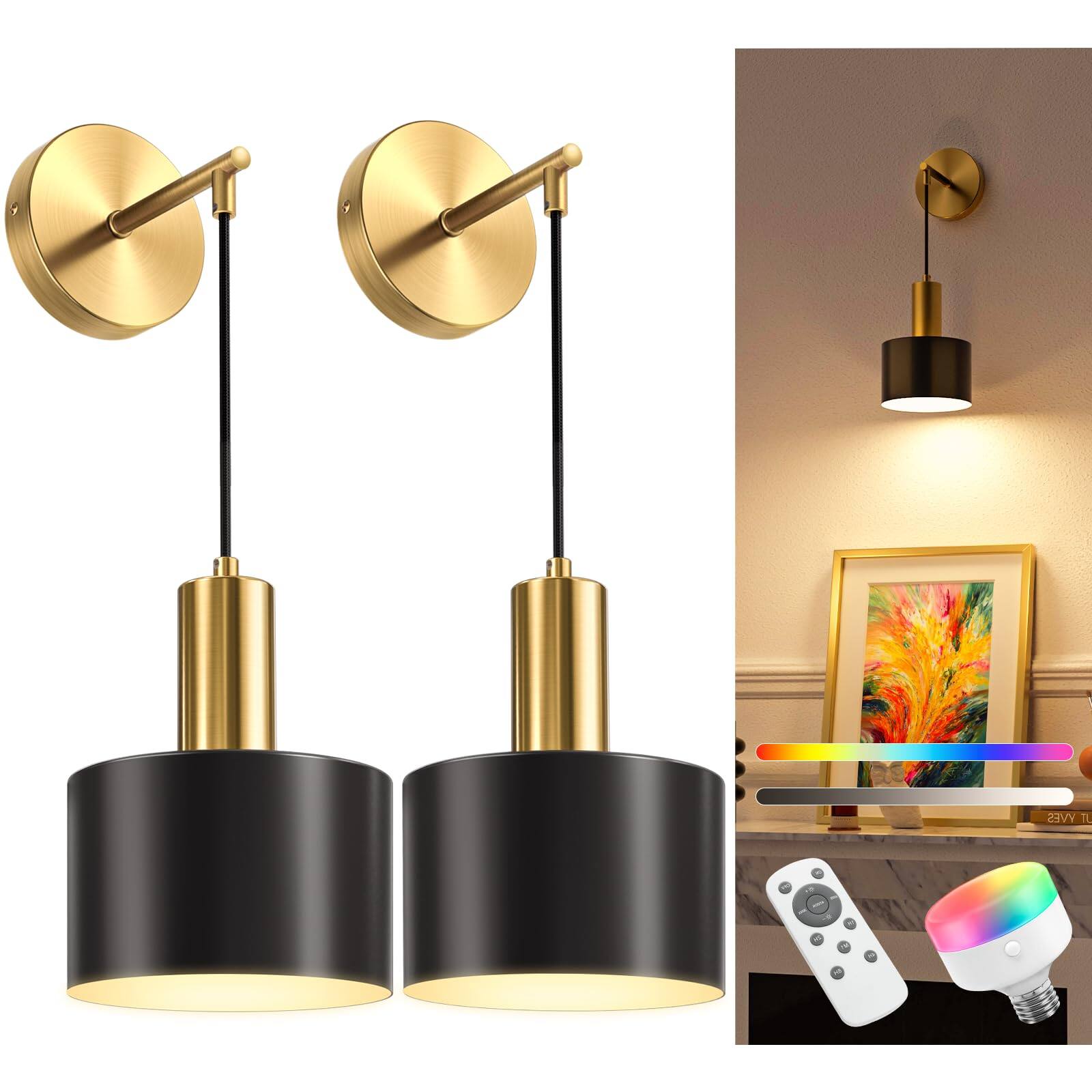 Dazzed Corner - Battery Operated Wall Sconce Set of 2,with 5200mAh Dimmable Detachable Bulbs and Remote, 9 Colors Sconces Wall Decor