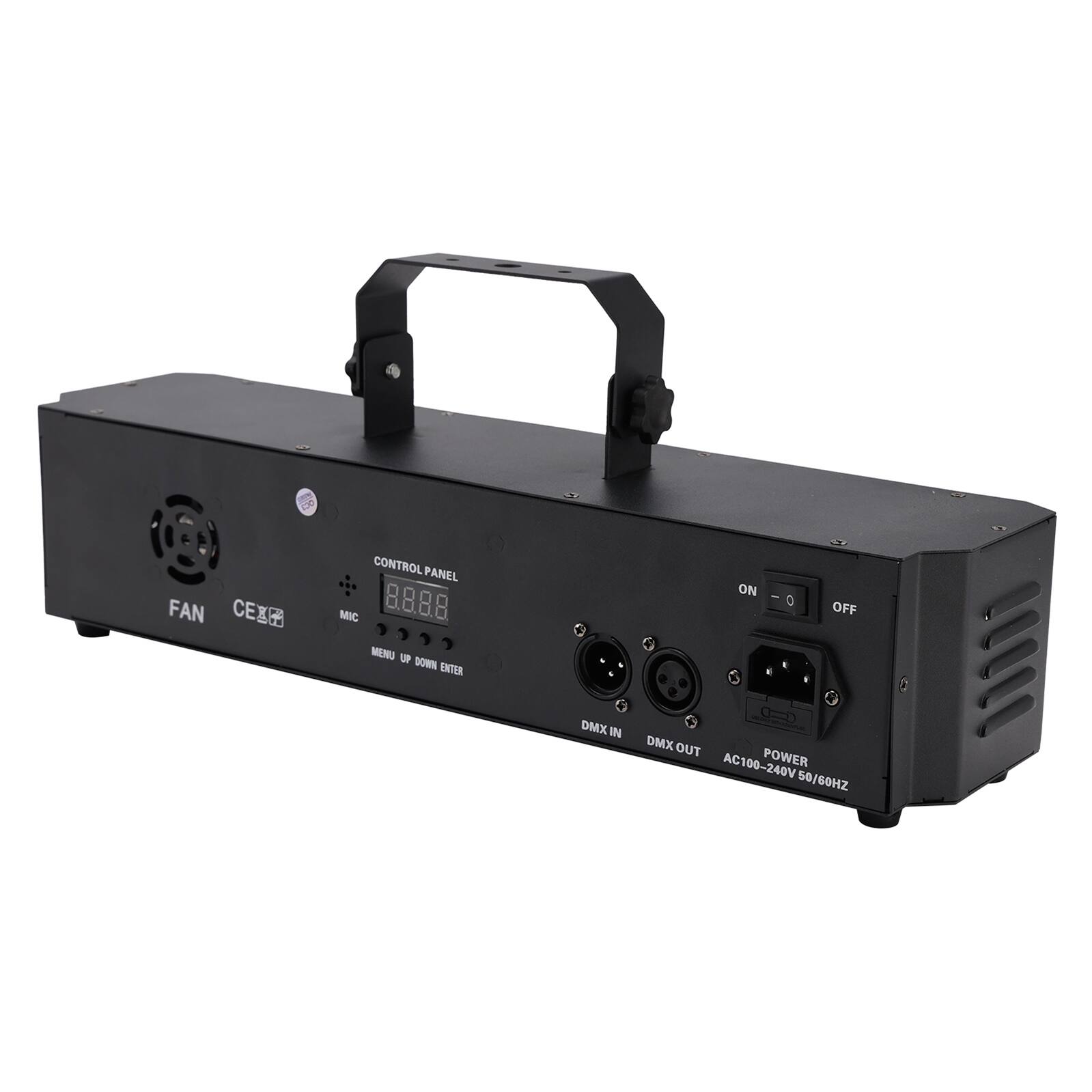 FAN CEXZ

CONTROL PANEL MIC 8888 MENU UP DOWN ENTER

ON - 0 OFF

DMX IN DMX OUT AC100-240V POWER 50/60HZ
