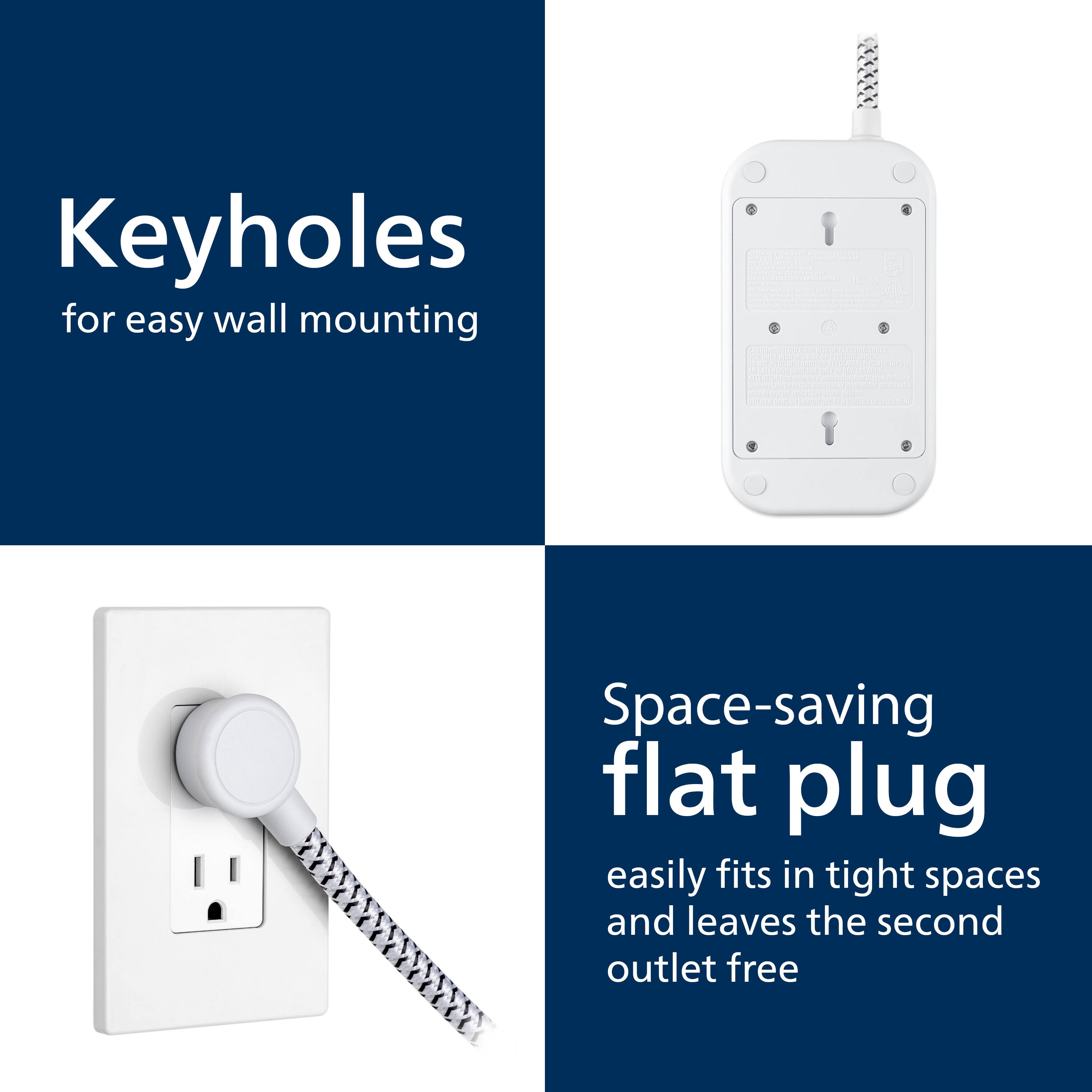 Keyholes for easy wall mounting Space-saving flat plug easily fits in tight spaces and leaves the second outlet free