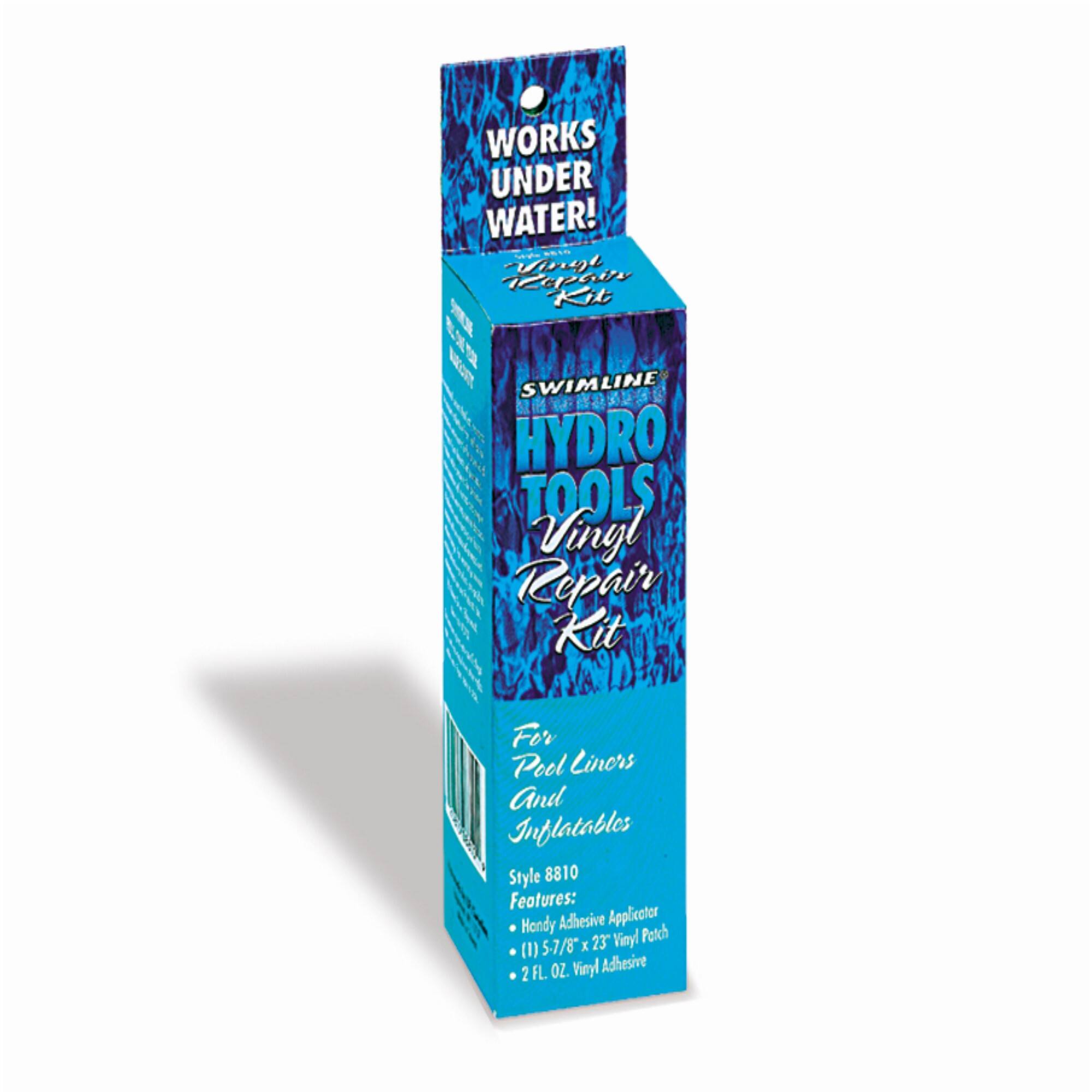 WORKS UNDER WATER!

SWIMLINE HYDRO TOOLS Vinyl Repair Kit

For Pool Liners and Inflatables

Style 8810

Features:
- Handy Adhesive Applicator
- 1 Vinyl Patch (5-7/8" x 2" Vinyl Patch)
- 2 FL OZ. Vinyl Adhesive