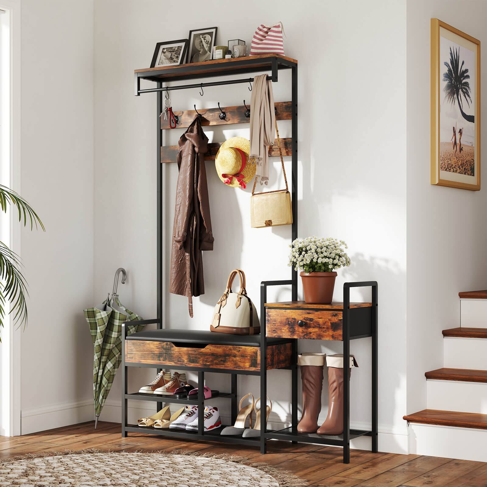Alt View 4. Costway - Costway 70" Freestanding Coat Rack with Shoe Rack 12 Hooks Drawer & Storage Shelf - Brown.