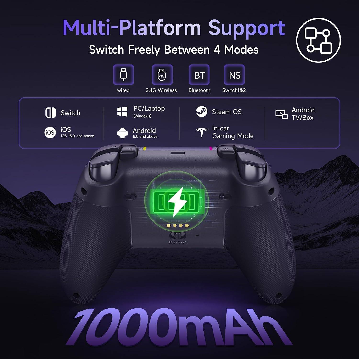 Multi-Platform Support  
Switch Freely Between 4 Modes  
BT NS  
wired 2.4G Wireless Bluetooth  
Switch1&2  
Switch  
iOS iOS iOS 13.0 and above  
PC/Laptop (Windows)  
Android 8.0 and above  
Steam OS  
In-car Gaming Mode  
Android TV/Box  
E-2 10000mAh