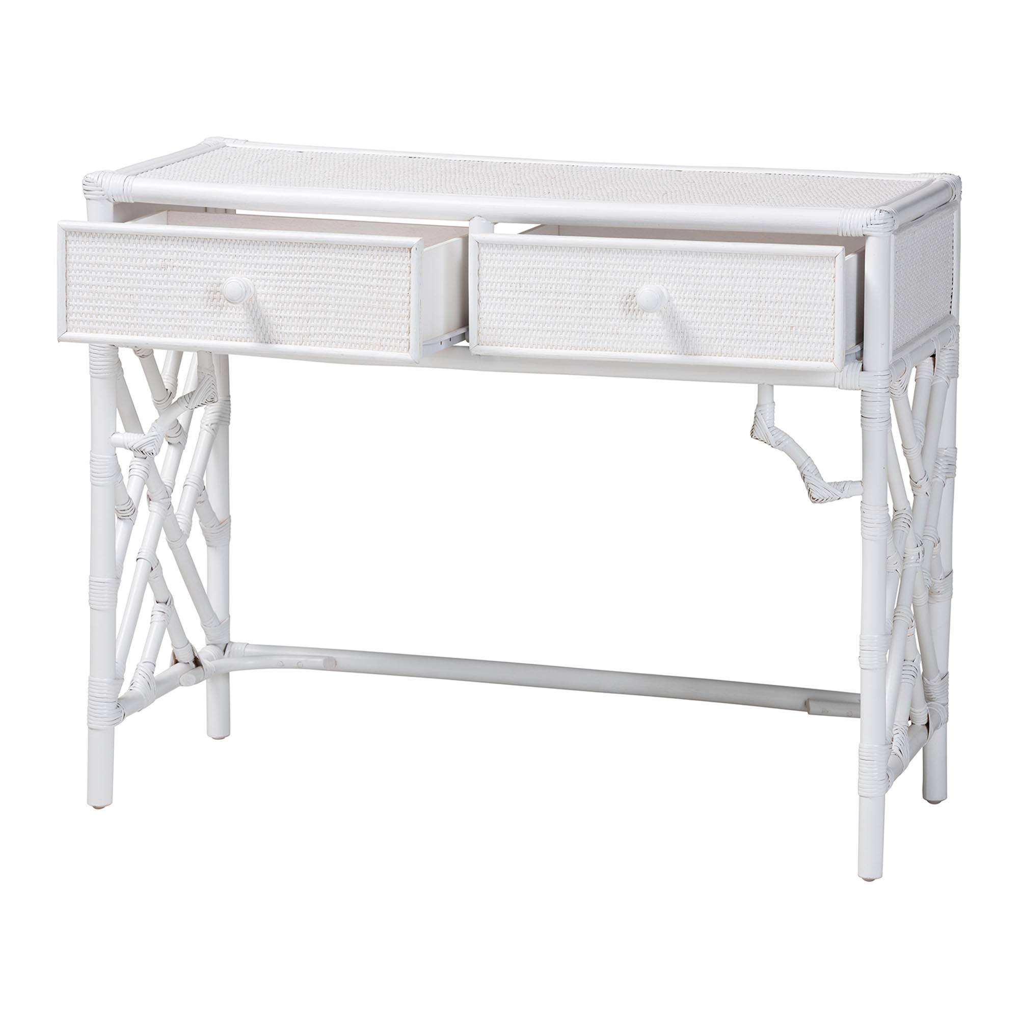 Angle. bali & pari - Lindie Natural Rattan Writing Desk with Two Drawers - White.